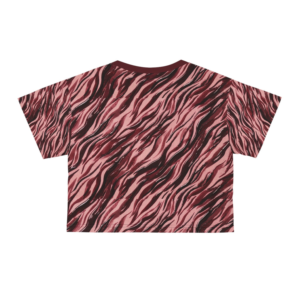 Cranberry Tiger Print Crop Tee — All - Over - Print Animal Pattern Top - Raven Quest Apparel