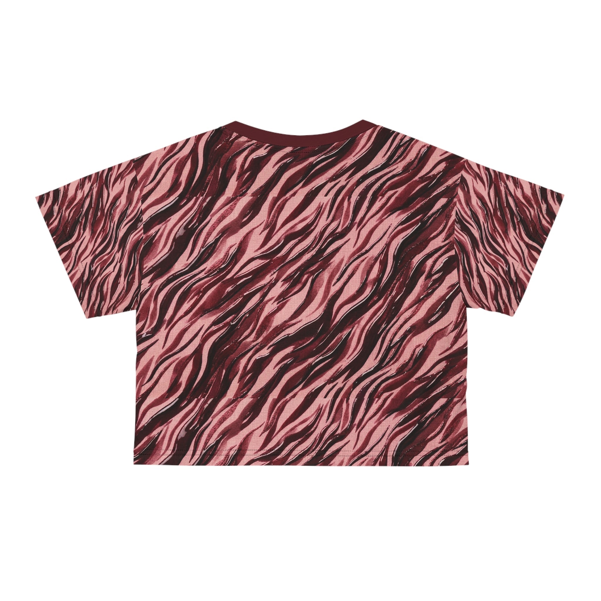 Cranberry Tiger Print Crop Tee — All - Over - Print Animal Pattern Top - Raven Quest Apparel