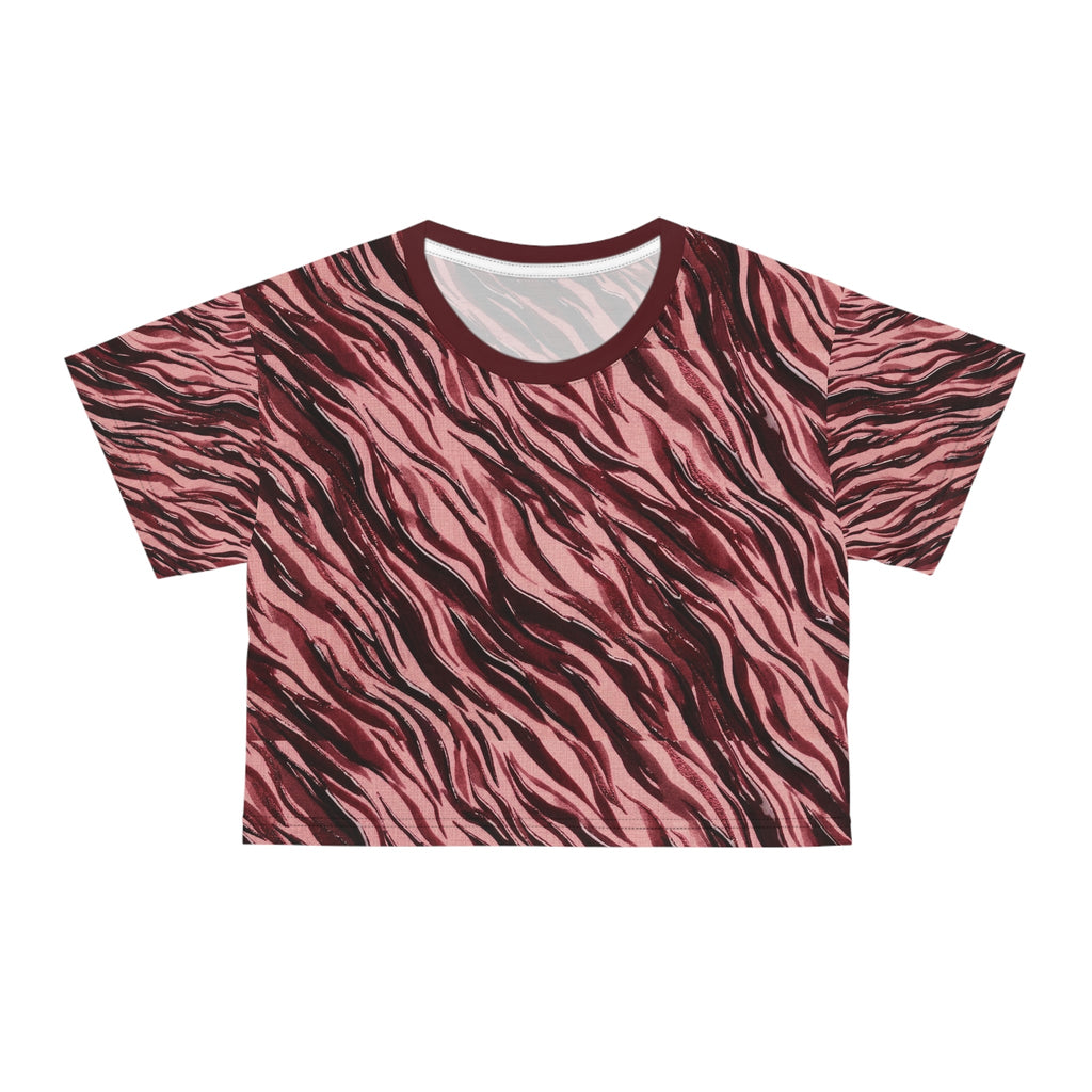 Cranberry Tiger Print Crop Tee — All - Over - Print Animal Pattern Top - Raven Quest Apparel