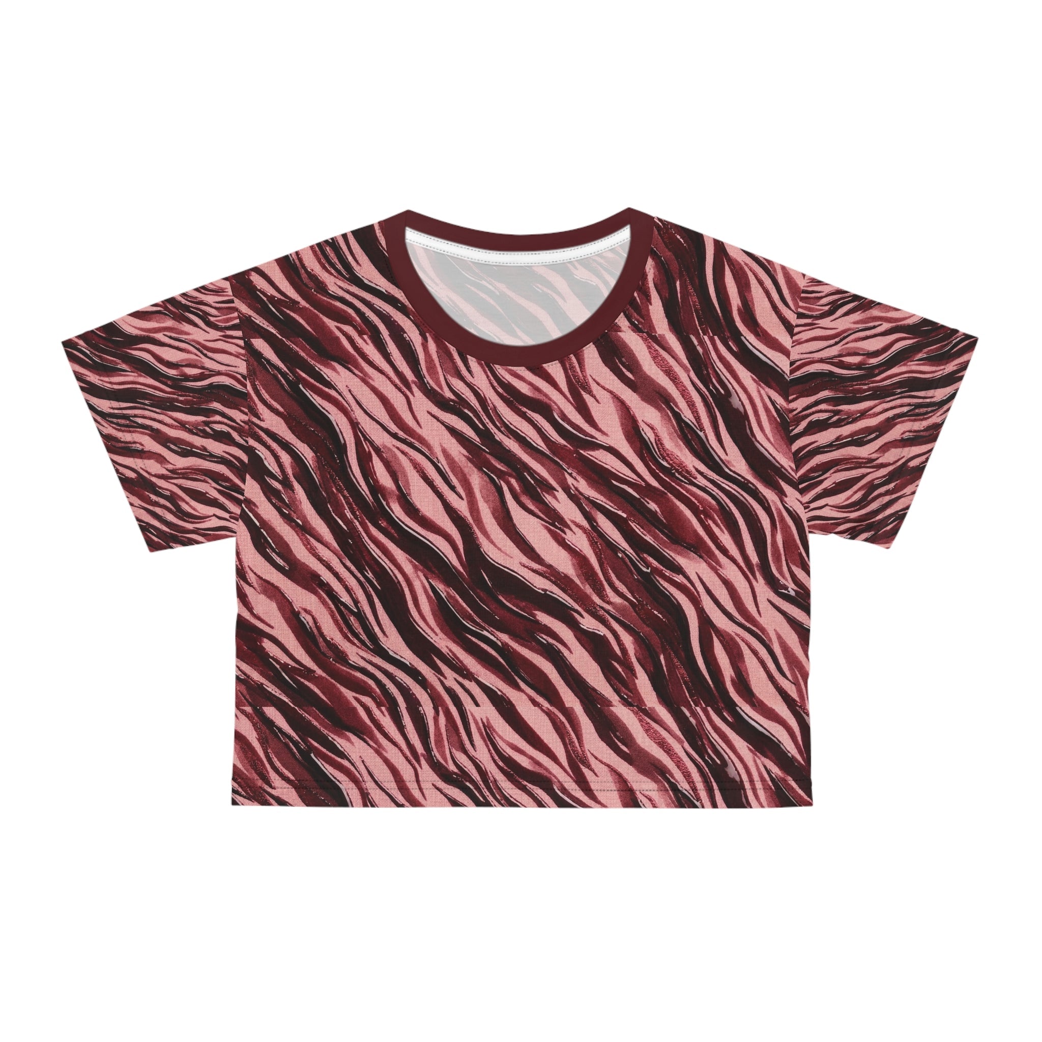 Cranberry Tiger Print Crop Tee — All - Over - Print Animal Pattern Top - Raven Quest Apparel
