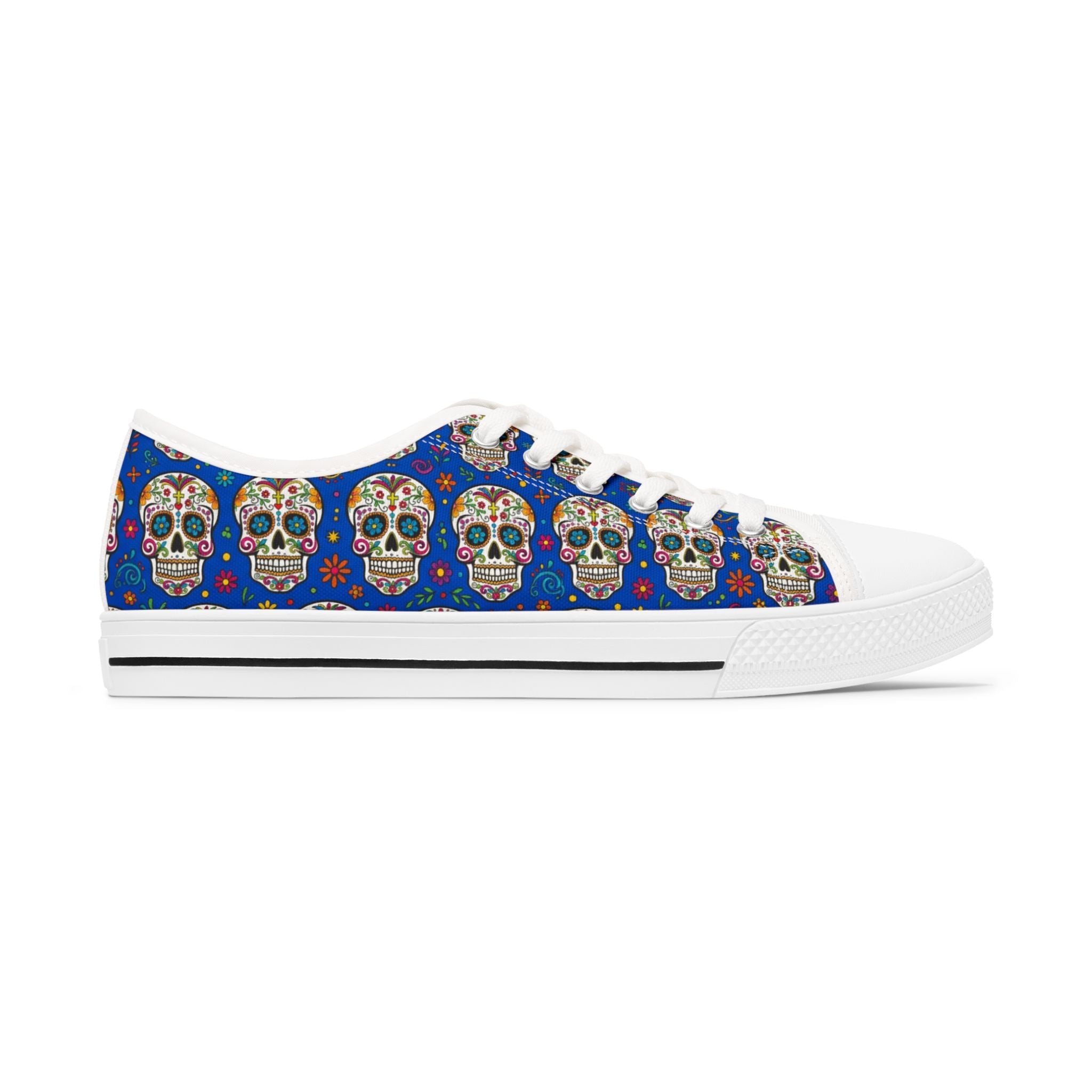 Day of the Dead Sugar Skull Low Top Sneakers — Women's Floral Skull Canvas Shoes - Raven Quest Apparel