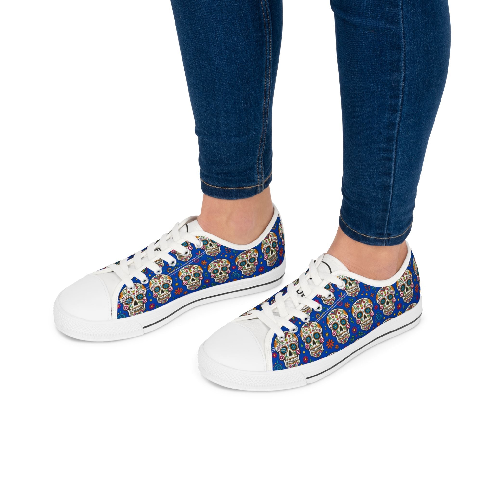 Day of the Dead Sugar Skull Low Top Sneakers — Women's Floral Skull Canvas Shoes - Raven Quest Apparel
