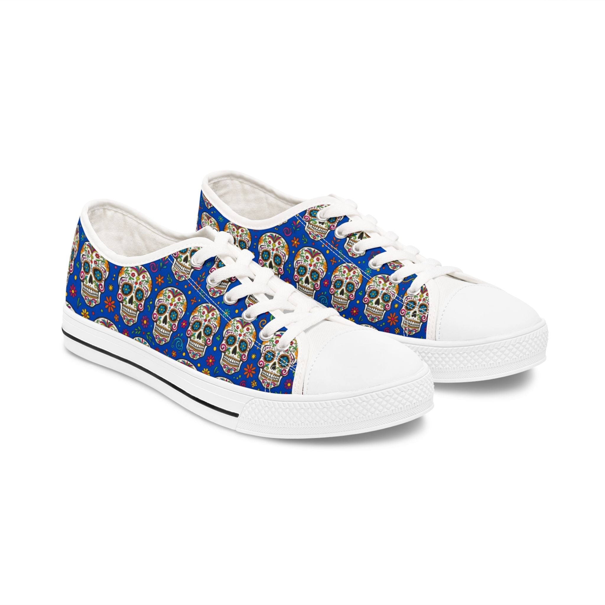 Day of the Dead Sugar Skull Low Top Sneakers — Women's Floral Skull Canvas Shoes - Raven Quest Apparel