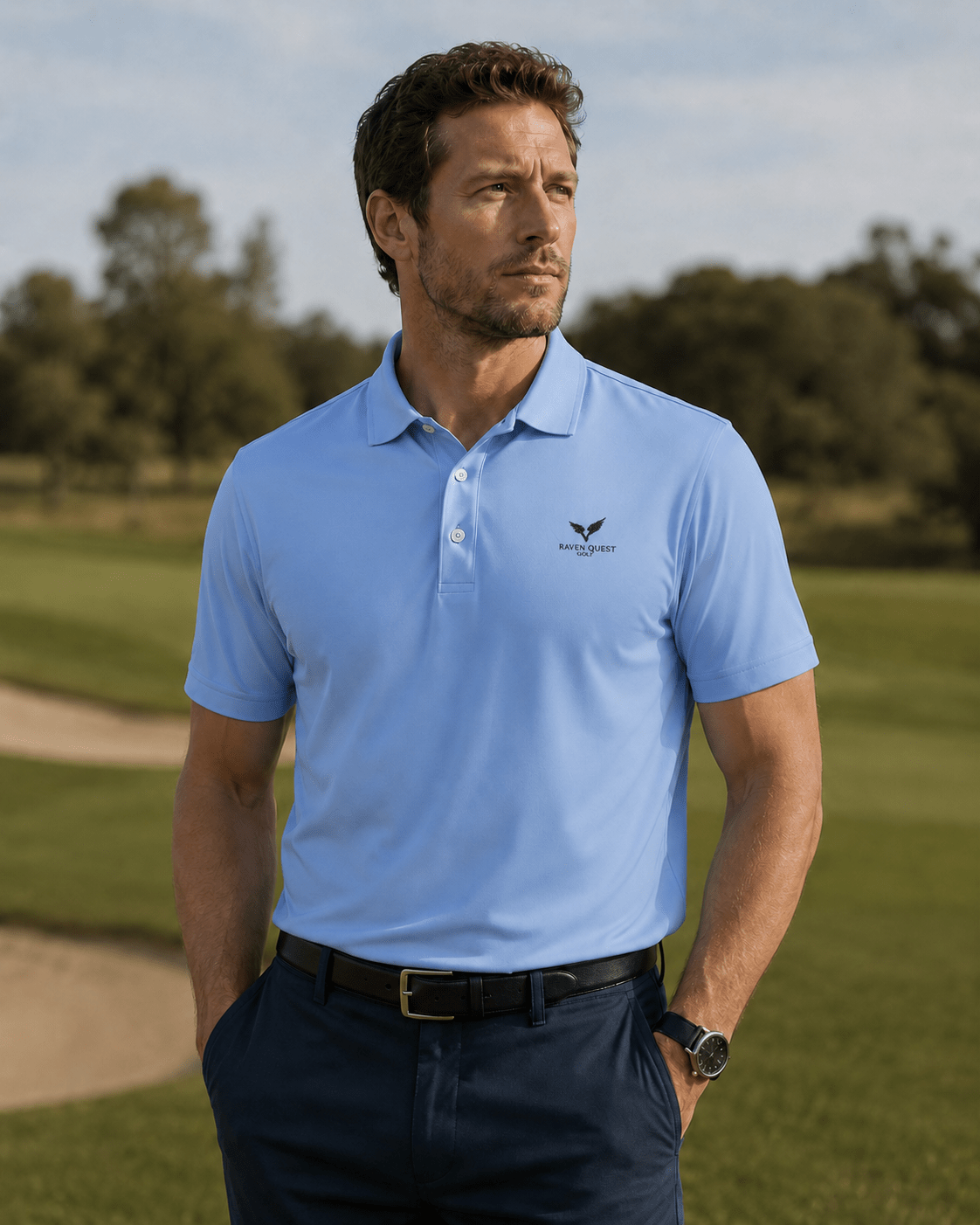 Emblem Performance Polo — Eagle Logo Athletic Golf Shirt - Raven Quest Apparel