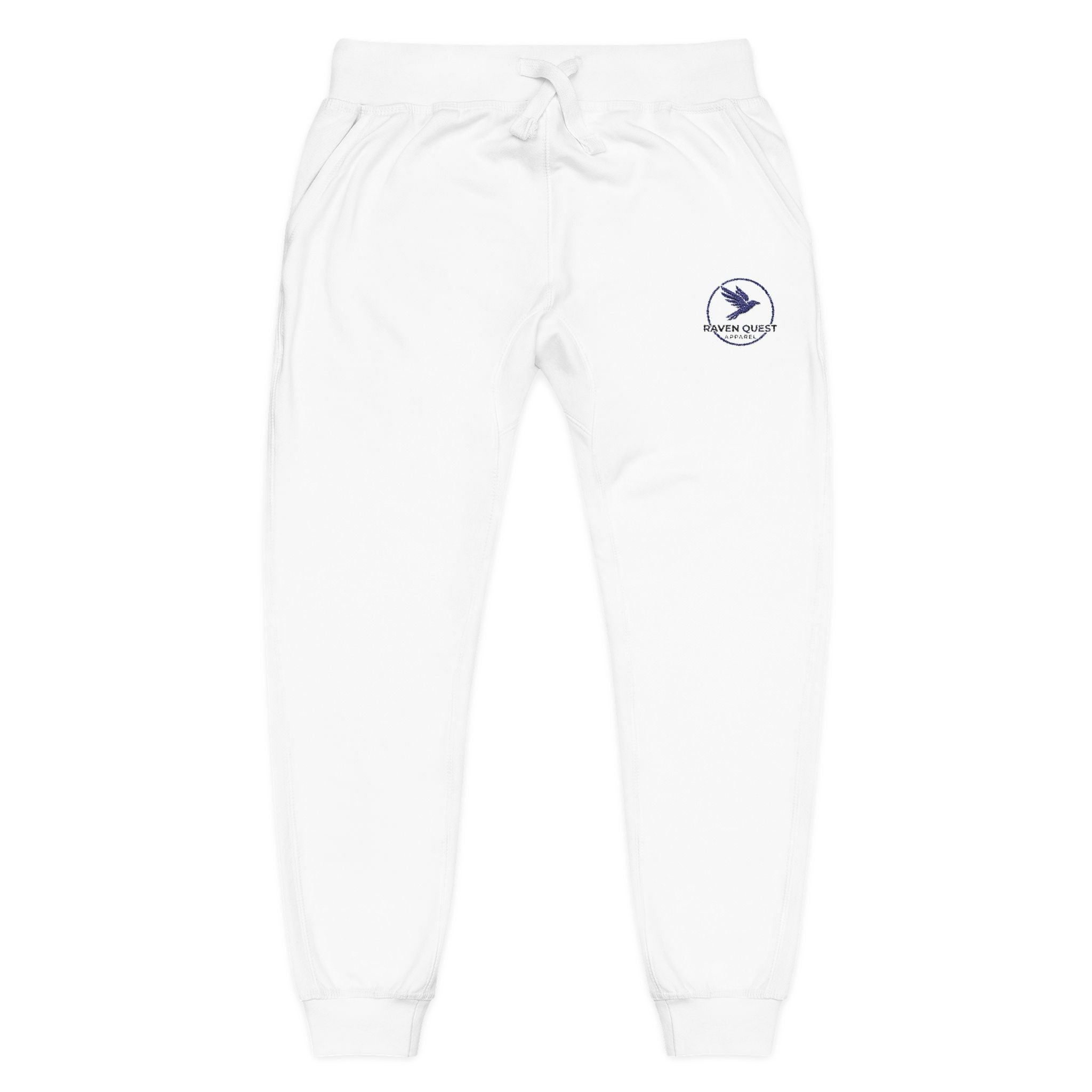 Embroidered Dove Fleece Sweatpants — Cozy White Joggers with Small Chest Logo - Raven Quest Apparel