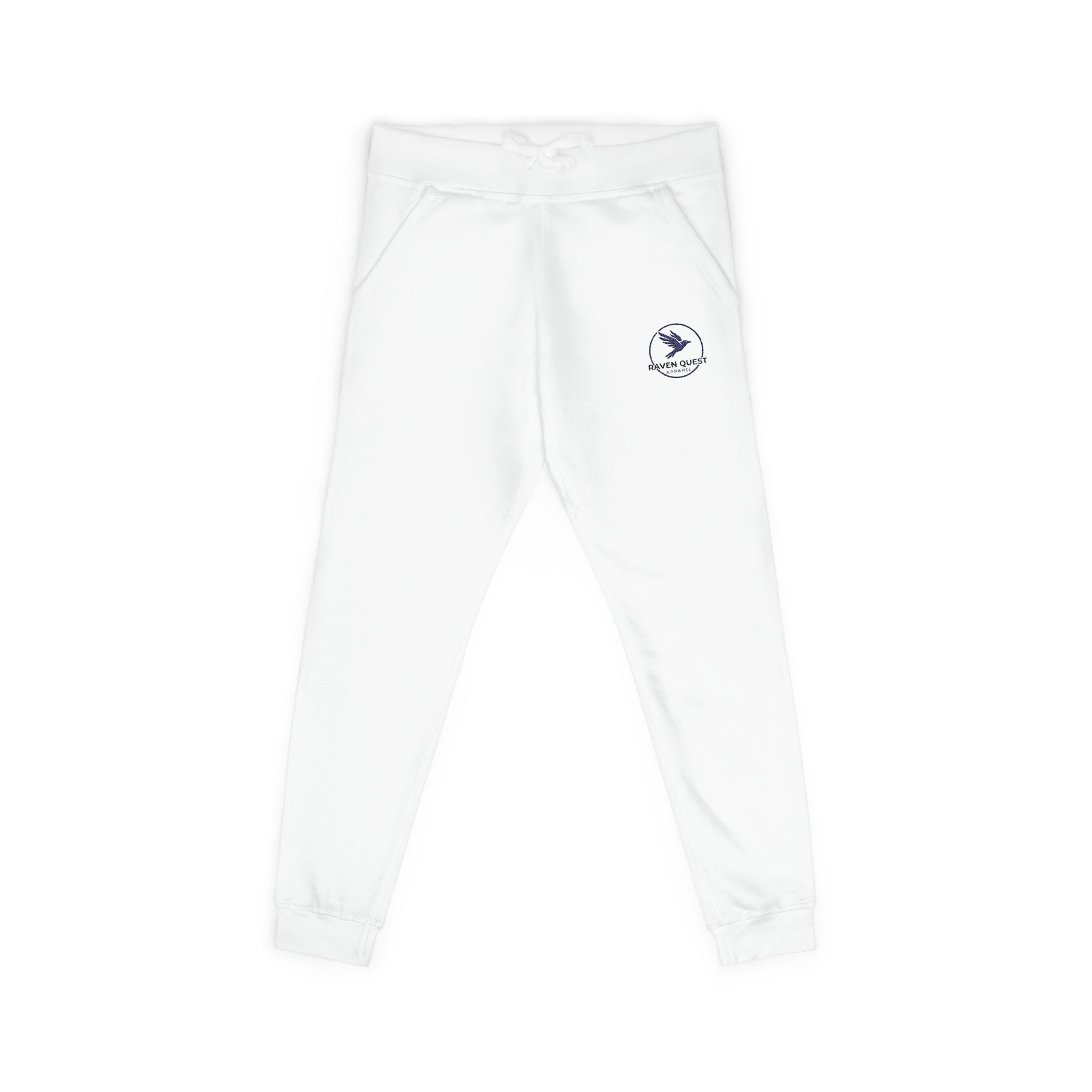 Embroidered Dove Fleece Sweatpants — Cozy White Joggers with Small Chest Logo - Raven Quest Apparel