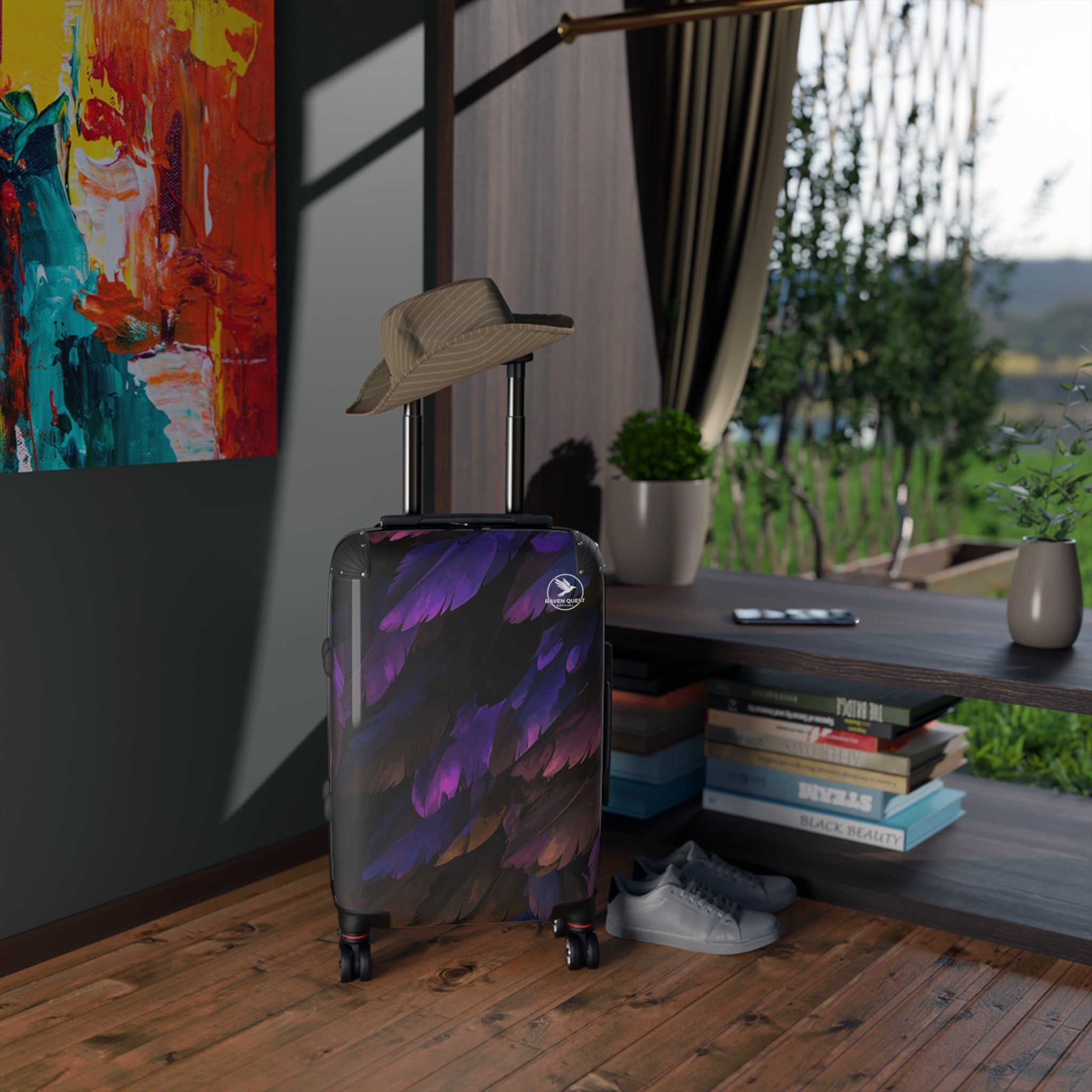 Feathered Night Carry - On Suitcase — Purple & Black Travel Luggage - Raven Quest Apparel