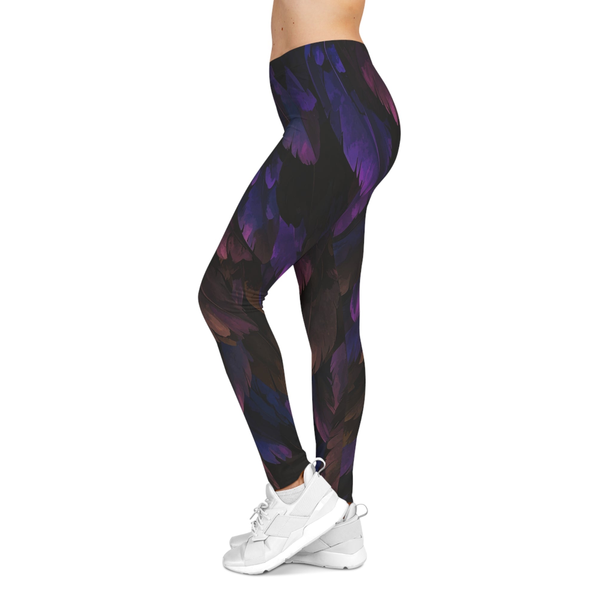Feathered Night Print Leggings — Purple Black All - Over - Print - Raven Quest Apparel