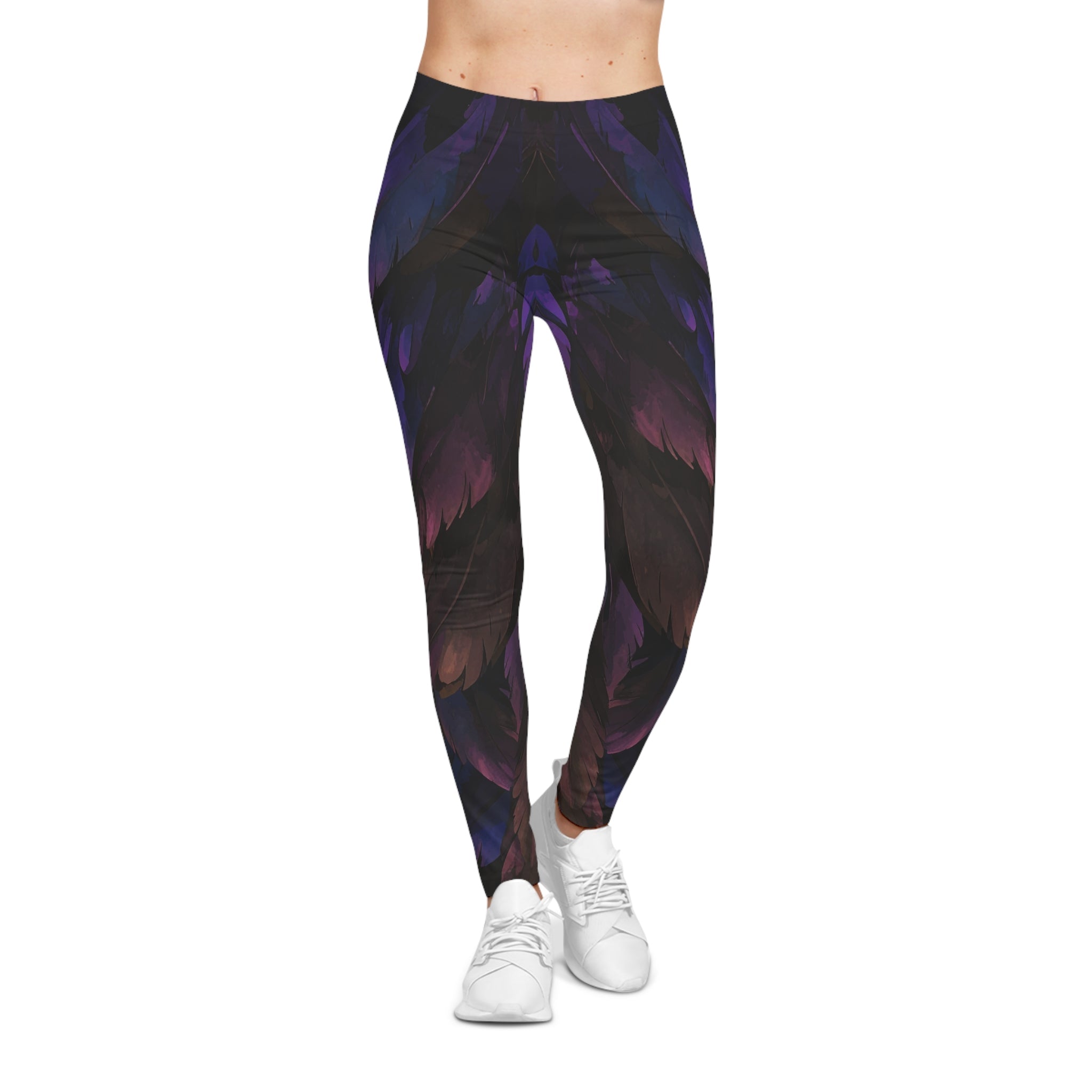 Feathered Night Print Leggings — Purple Black All - Over - Print - Raven Quest Apparel
