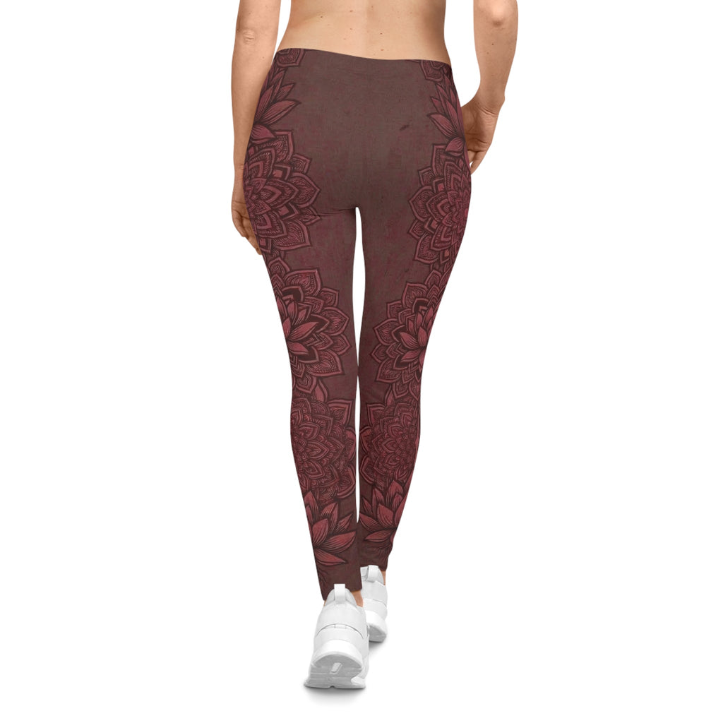 Fire Lotus Yoga Leggings — Floral Deep Red Zen Leggings - Raven Quest Apparel