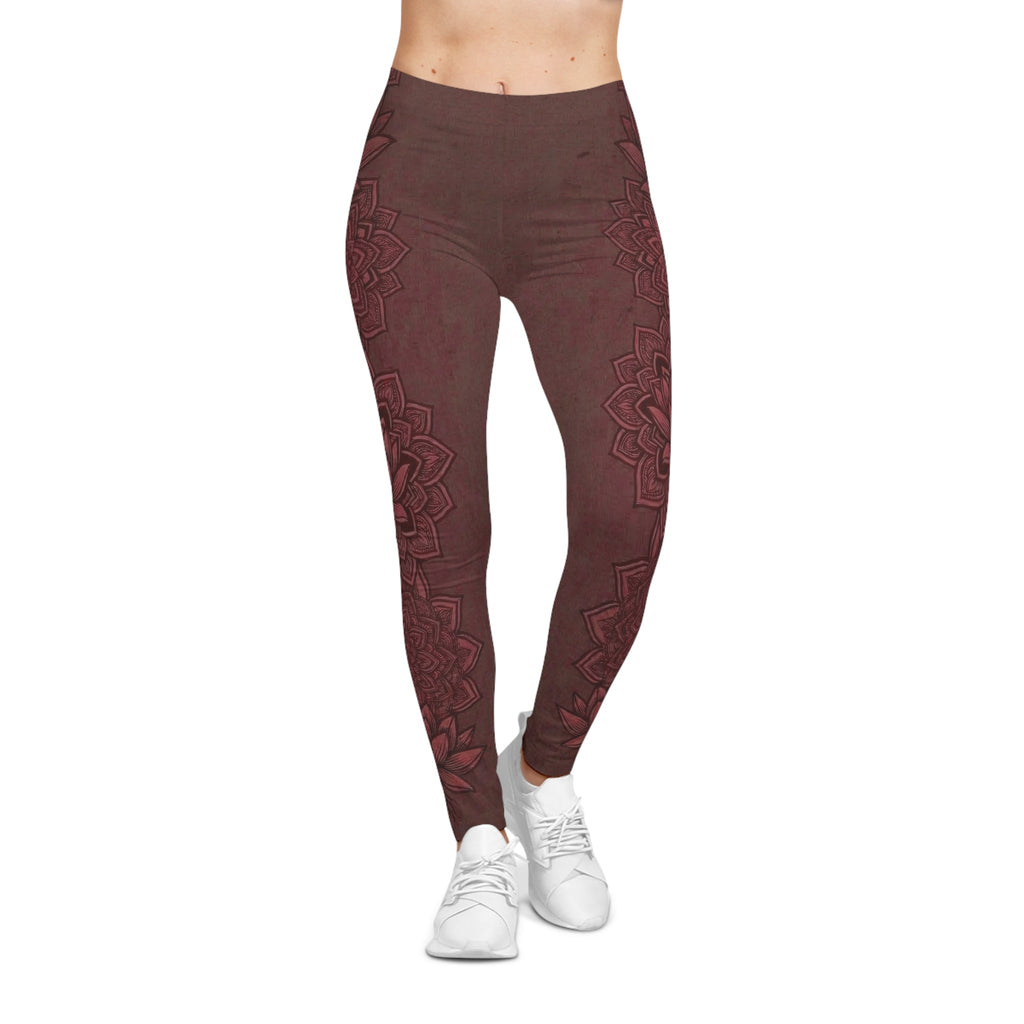 Fire Lotus Yoga Leggings — Floral Deep Red Zen Leggings - Raven Quest Apparel