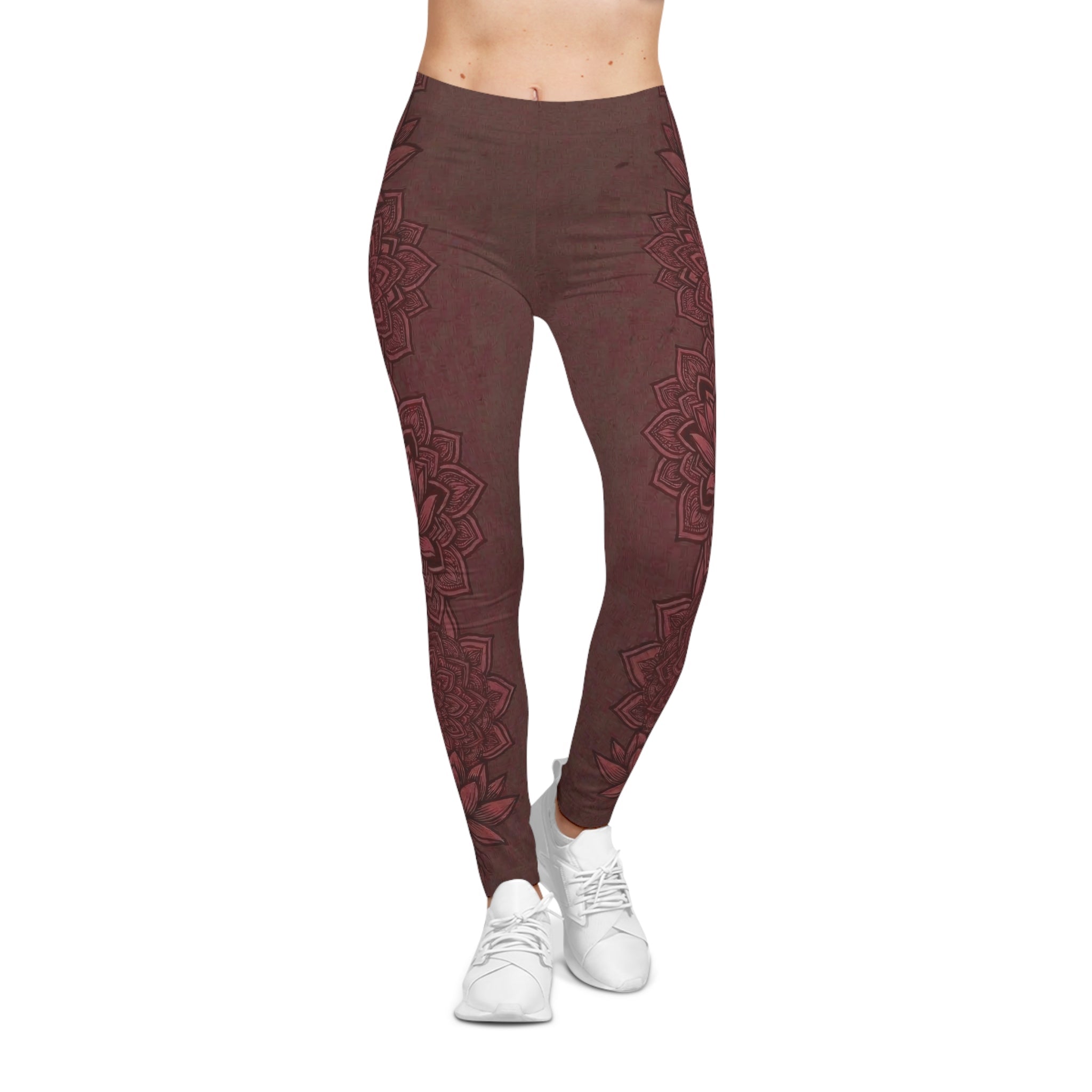 Fire Lotus Yoga Leggings — Floral Deep Red Zen Leggings - Raven Quest Apparel