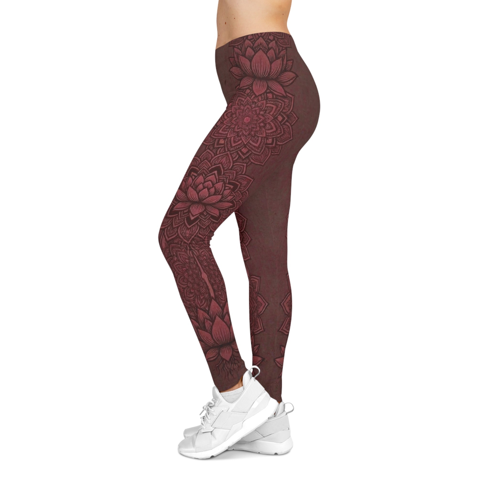Fire Lotus Yoga Leggings — Floral Deep Red Zen Leggings - Raven Quest Apparel