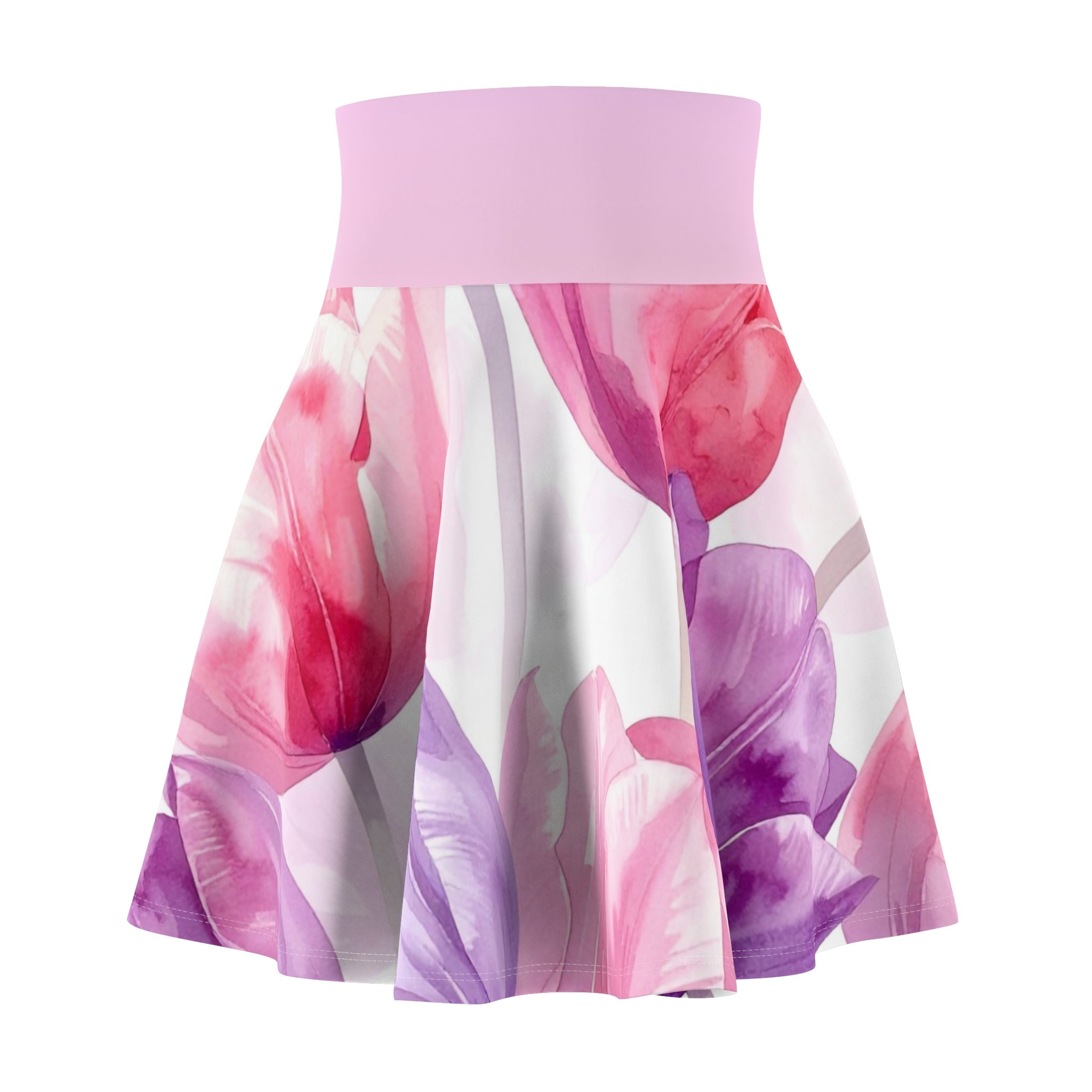 Floral Watercolor Skater Skirt — Pink & Purple Tulip Print - Raven Quest Apparel