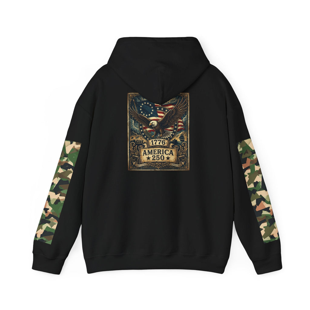 Hoodie — "1776 America 250" Patriotic Eagle Camouflage Sleeve Hoodie - Raven Quest Apparel
