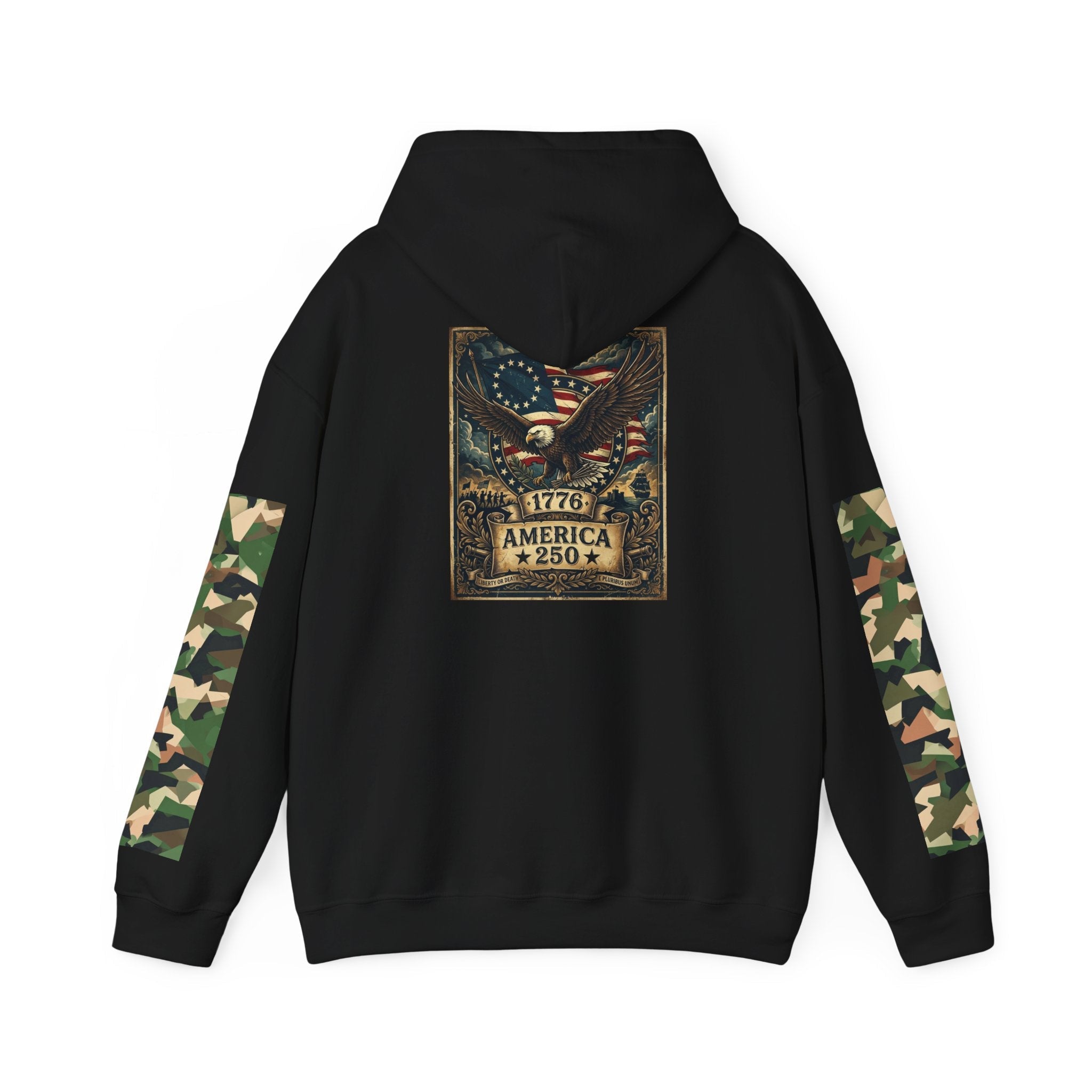 Hoodie — "1776 America 250" Patriotic Eagle Camouflage Sleeve Hoodie - Raven Quest Apparel