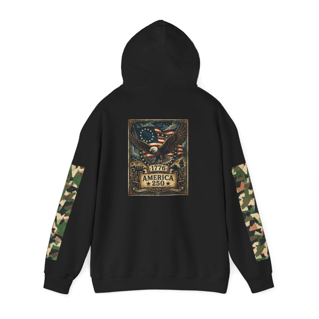 Hoodie — "1776 America 250" Patriotic Eagle Camouflage Sleeve Hoodie - Raven Quest Apparel