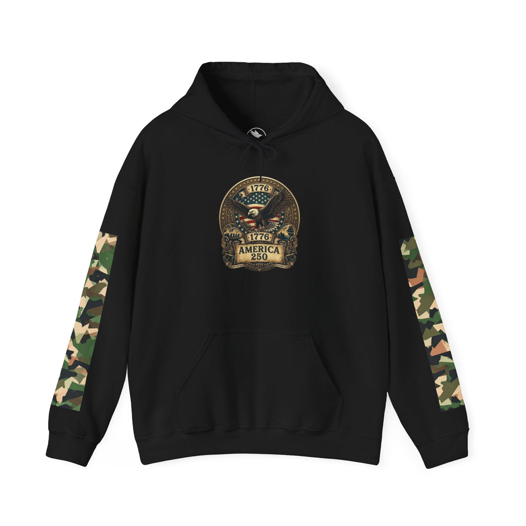 Hoodie — "1776 America 250" Patriotic Eagle Camouflage Sleeve Hoodie - Raven Quest Apparel