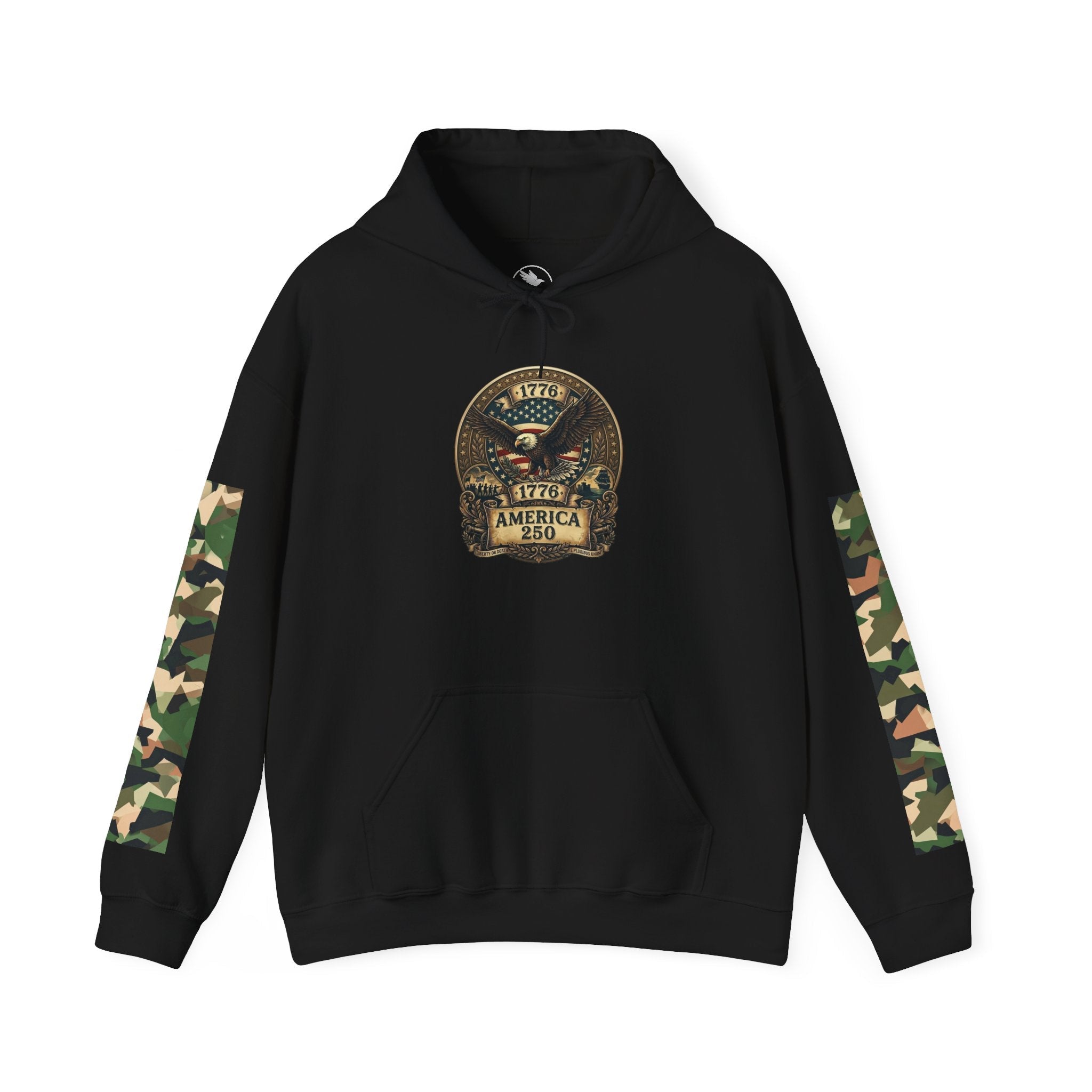 Hoodie — "1776 America 250" Patriotic Eagle Camouflage Sleeve Hoodie - Raven Quest Apparel