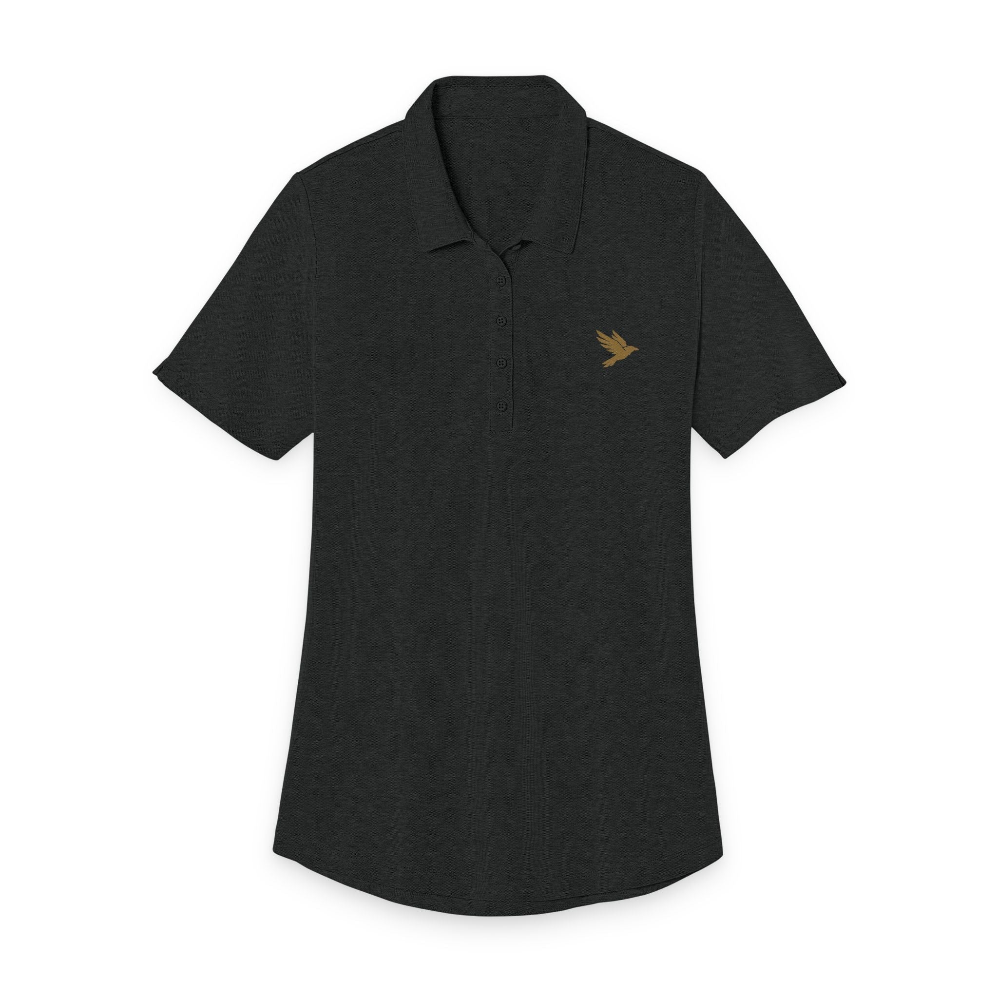 Ladies Heather Black Polo with Gold Dove Embroidery – Womens Golf & Work Shirt - Raven Quest Apparel