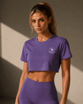 Lavender Crop Tee with Small Raven Logo — Casual Feminine Summer Top - Raven Quest Apparel