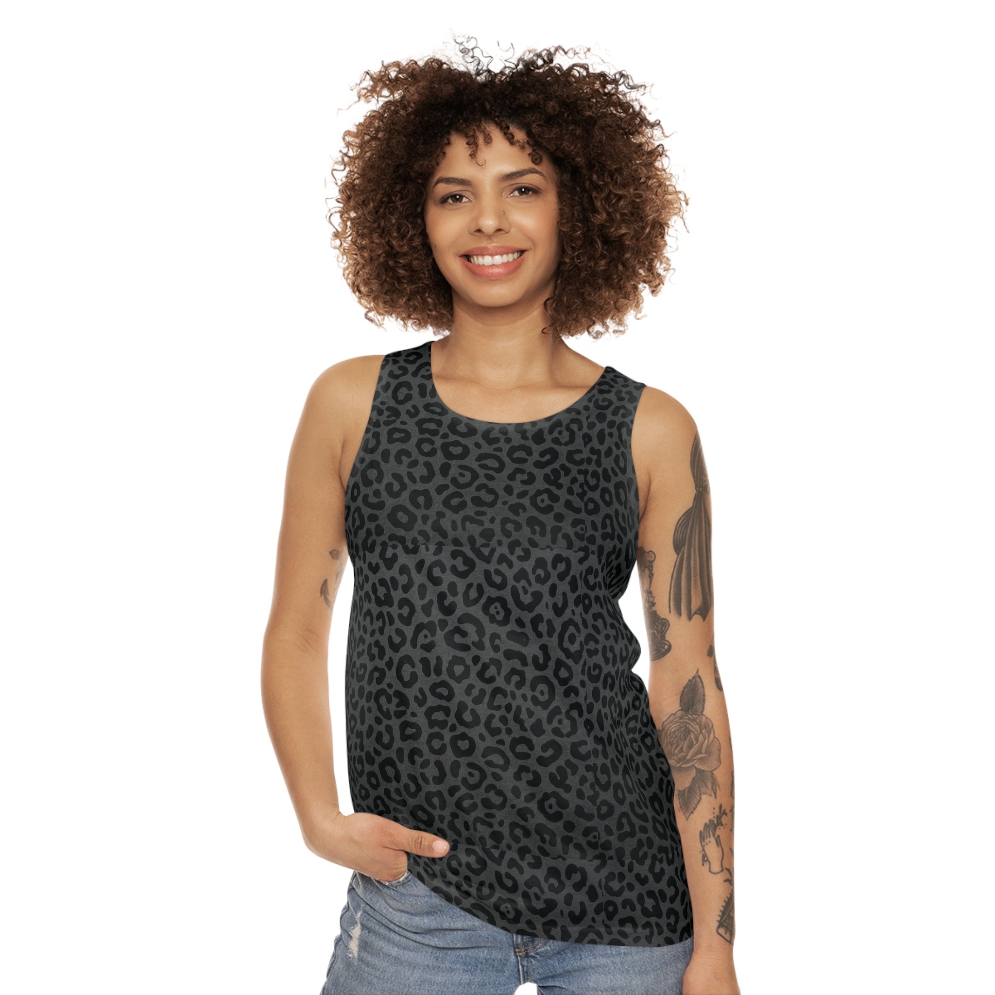 Leopard Print Tank Top — All - Over Dark Grey Animal Print - Raven Quest Apparel