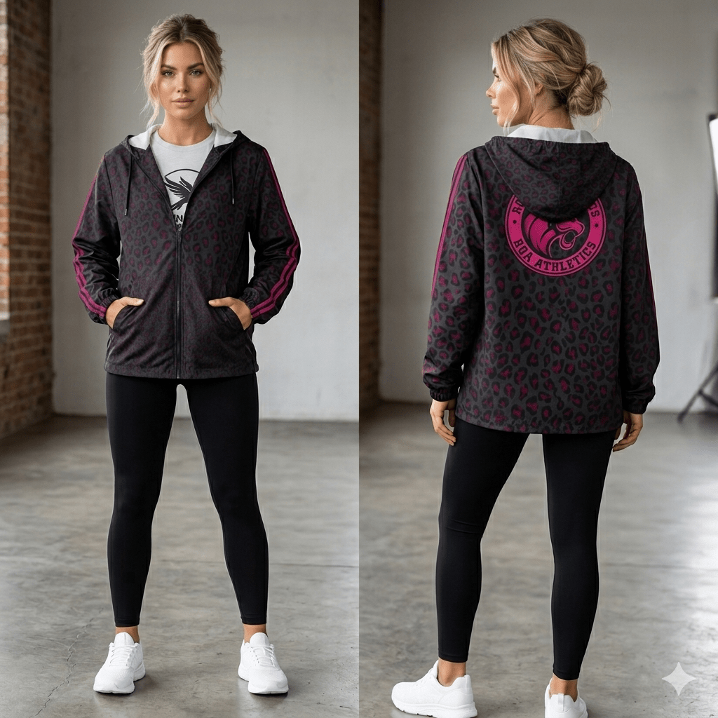 Leopard Print Windbreaker Jacket with Back Logo — Women's Stylish Lightweight Hoodie - Raven Quest Apparel