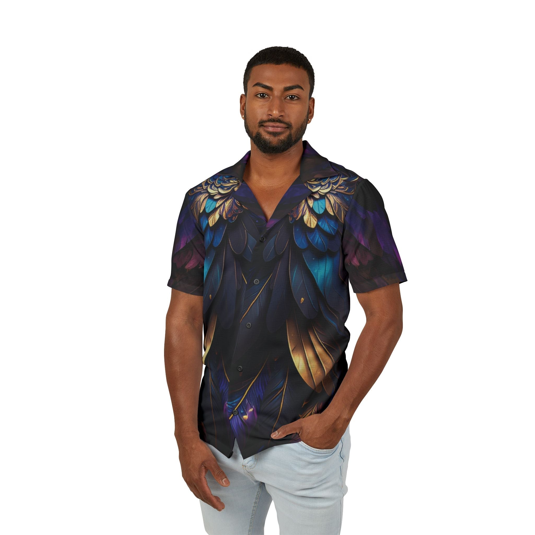Men's Floral Winged Hawaiian Camp Shirt — Dark Mystic Blue AOP - Raven Quest Apparel