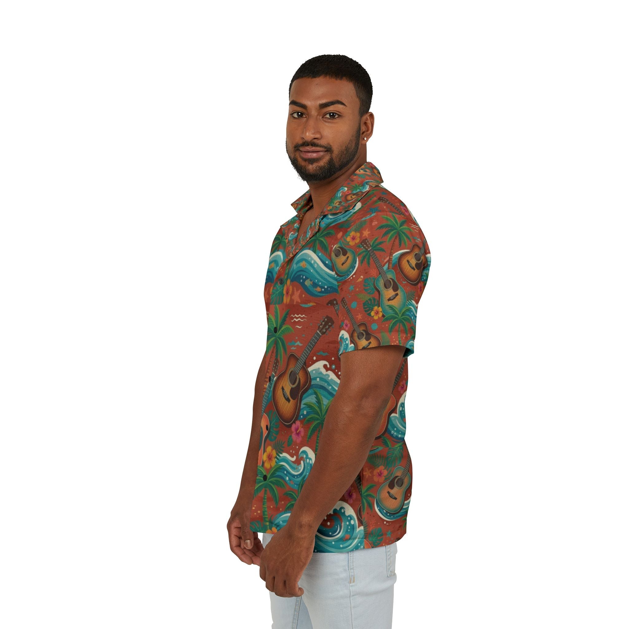 Men's Hawaiian Camp Shirt - Tropical Ukulele Surf Print - Raven Quest Apparel