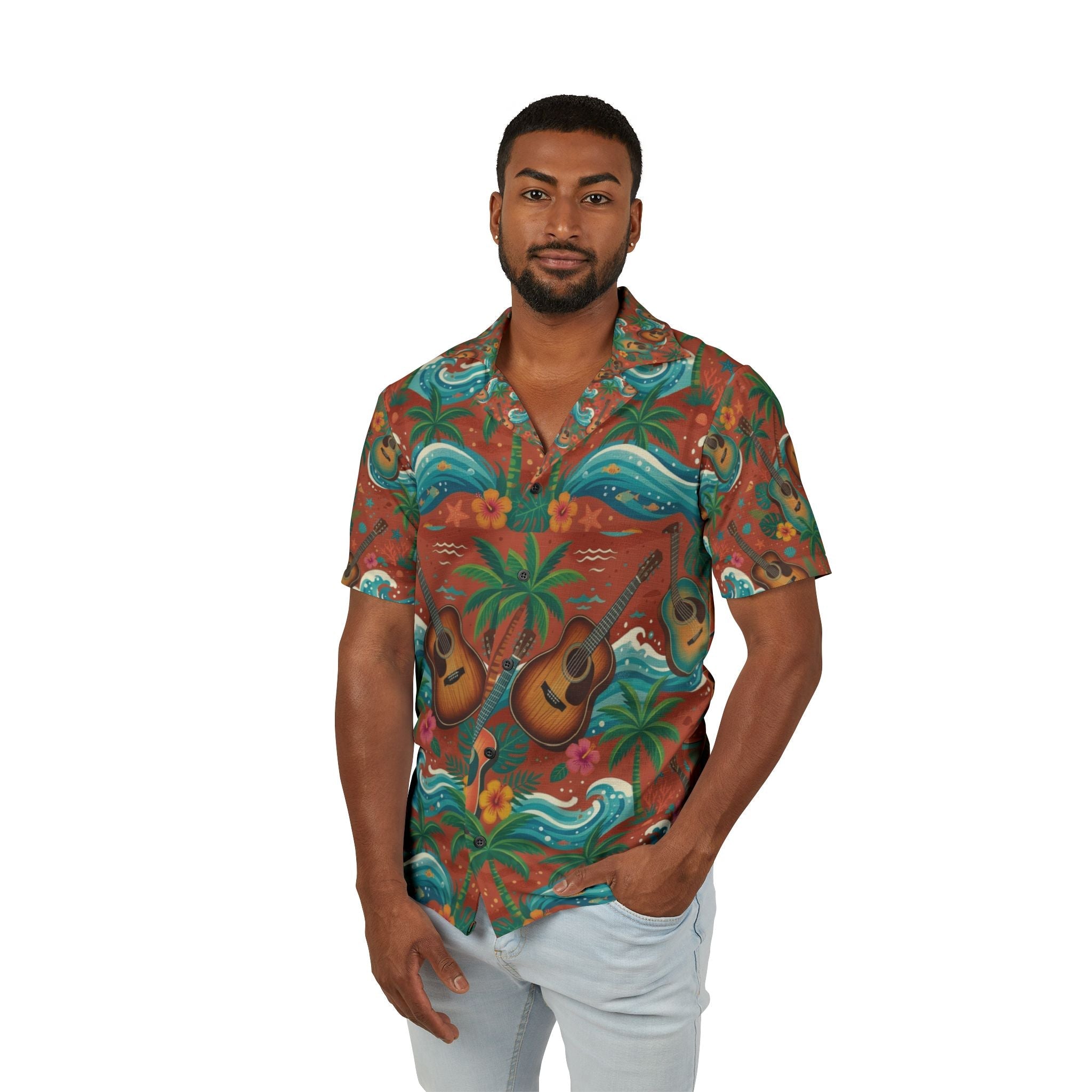 Men's Hawaiian Camp Shirt - Tropical Ukulele Surf Print - Raven Quest Apparel