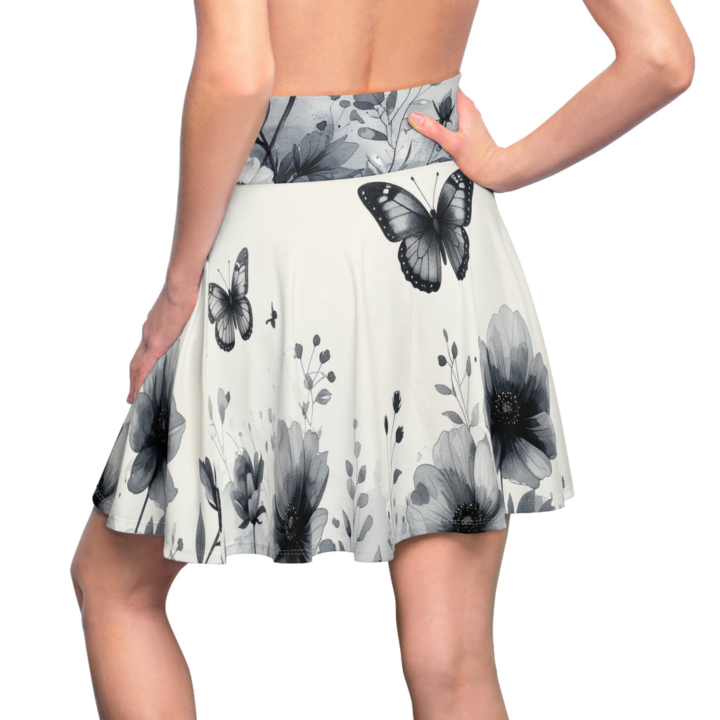 Monochrome Butterfly Floral Skater Skirt - Raven Quest Apparel