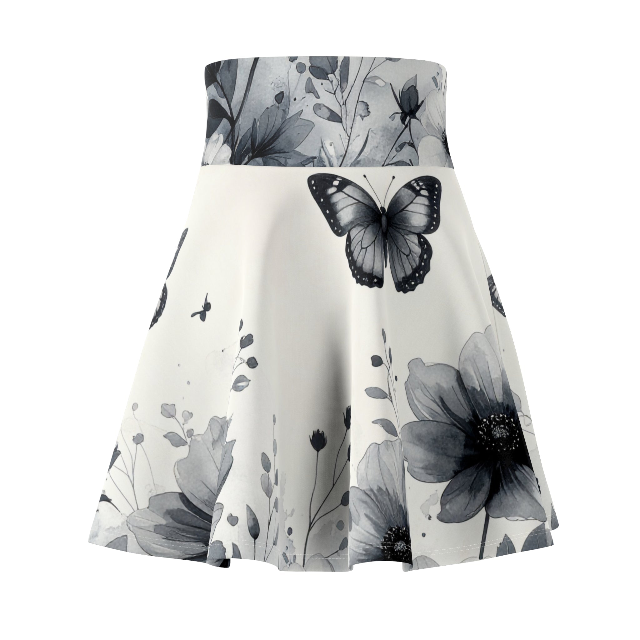 Monochrome Butterfly Floral Skater Skirt - Raven Quest Apparel