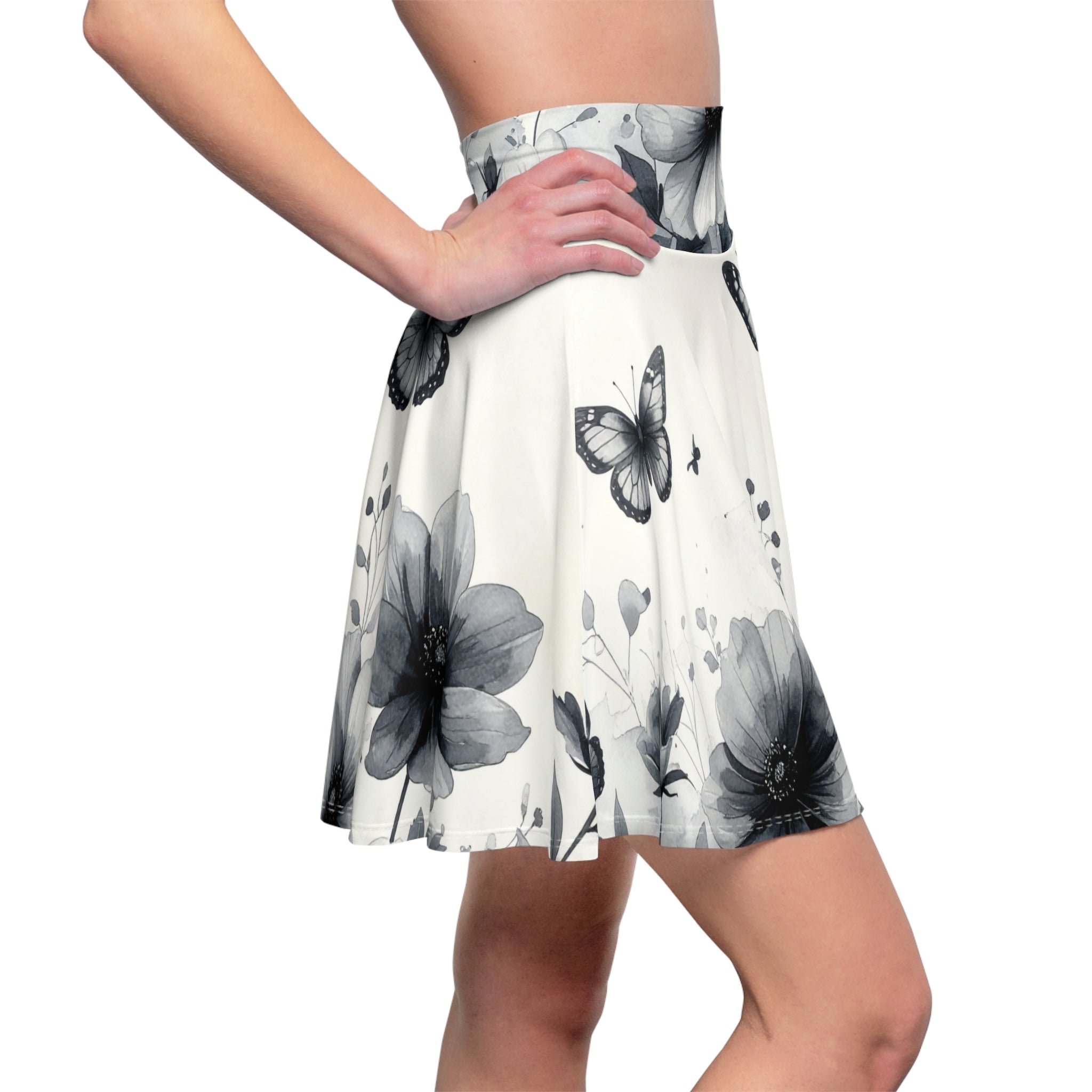 Monochrome Butterfly Floral Skater Skirt - Raven Quest Apparel