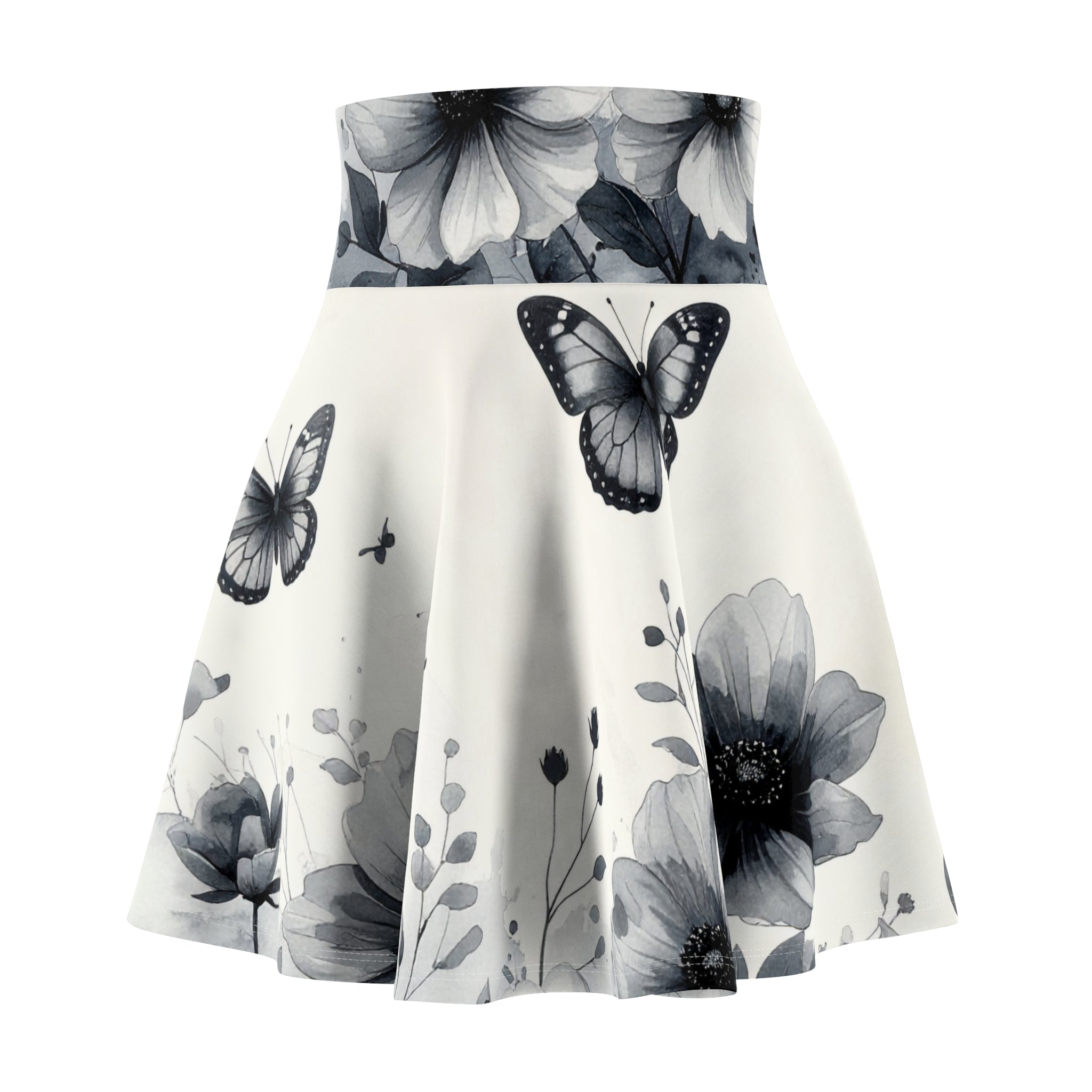 Monochrome Butterfly Floral Skater Skirt - Raven Quest Apparel