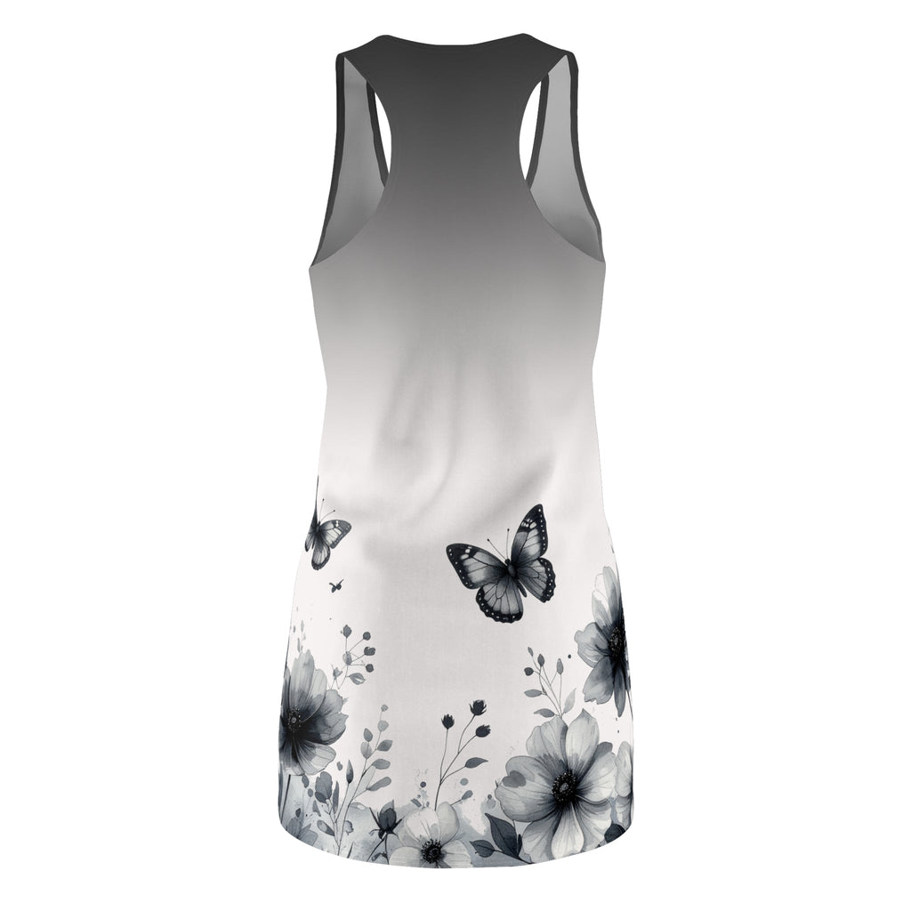 Monochrome Floral & Butterfly Racerback Dress — Women’s Gradient AOP - Raven Quest Apparel