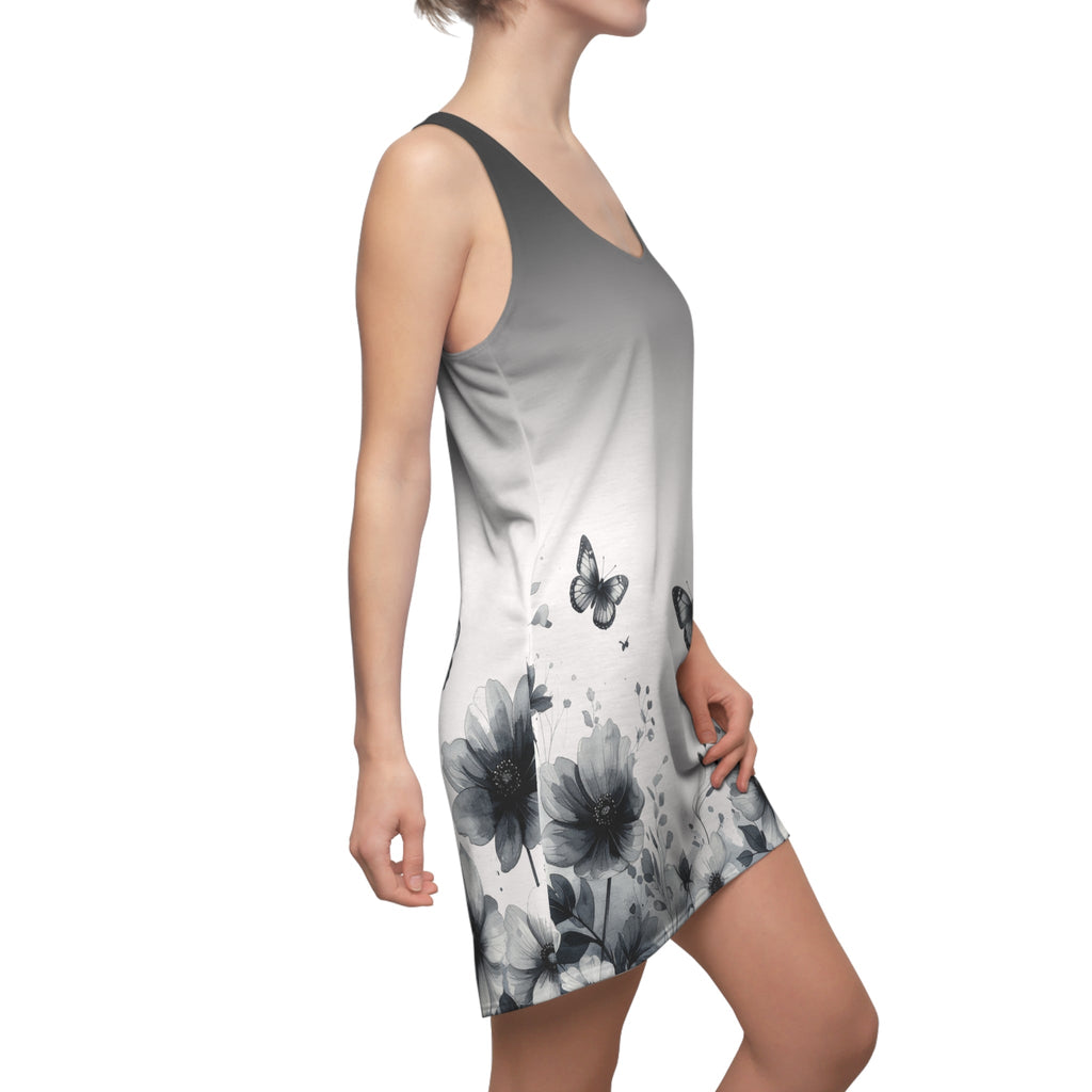 Monochrome Floral & Butterfly Racerback Dress — Women’s Gradient AOP - Raven Quest Apparel