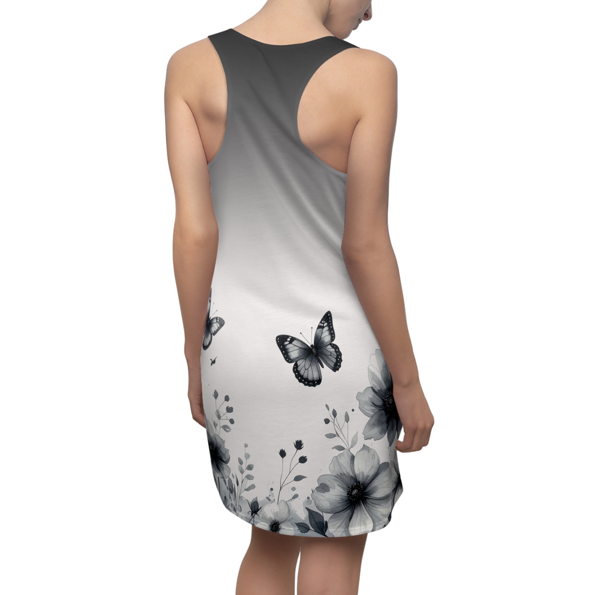Monochrome Floral & Butterfly Racerback Dress — Women’s Gradient AOP - Raven Quest Apparel