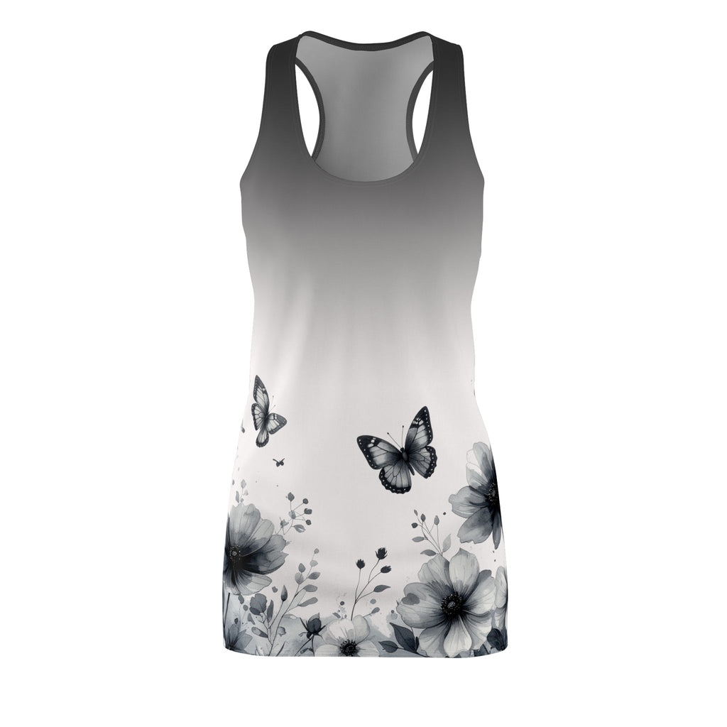 Monochrome Floral & Butterfly Racerback Dress — Women’s Gradient AOP - Raven Quest Apparel