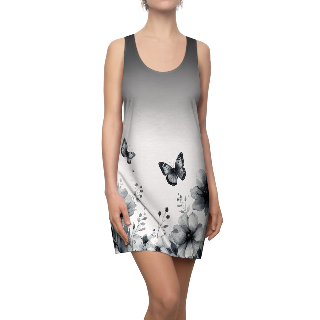 Monochrome Floral & Butterfly Racerback Dress — Women’s Gradient AOP - Raven Quest Apparel