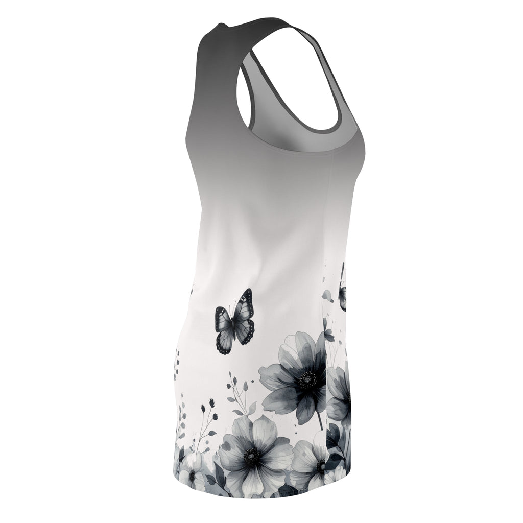 Monochrome Floral & Butterfly Racerback Dress — Women’s Gradient AOP - Raven Quest Apparel