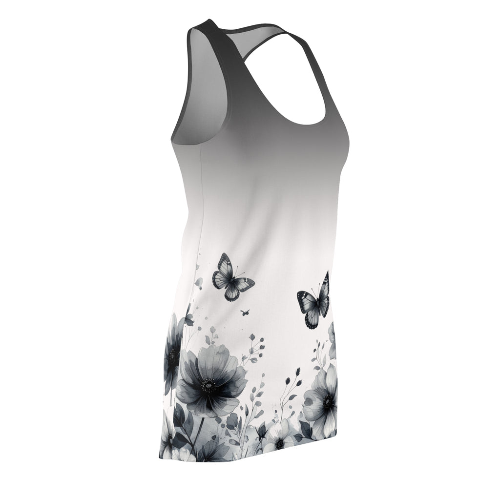 Monochrome Floral & Butterfly Racerback Dress — Women’s Gradient AOP - Raven Quest Apparel