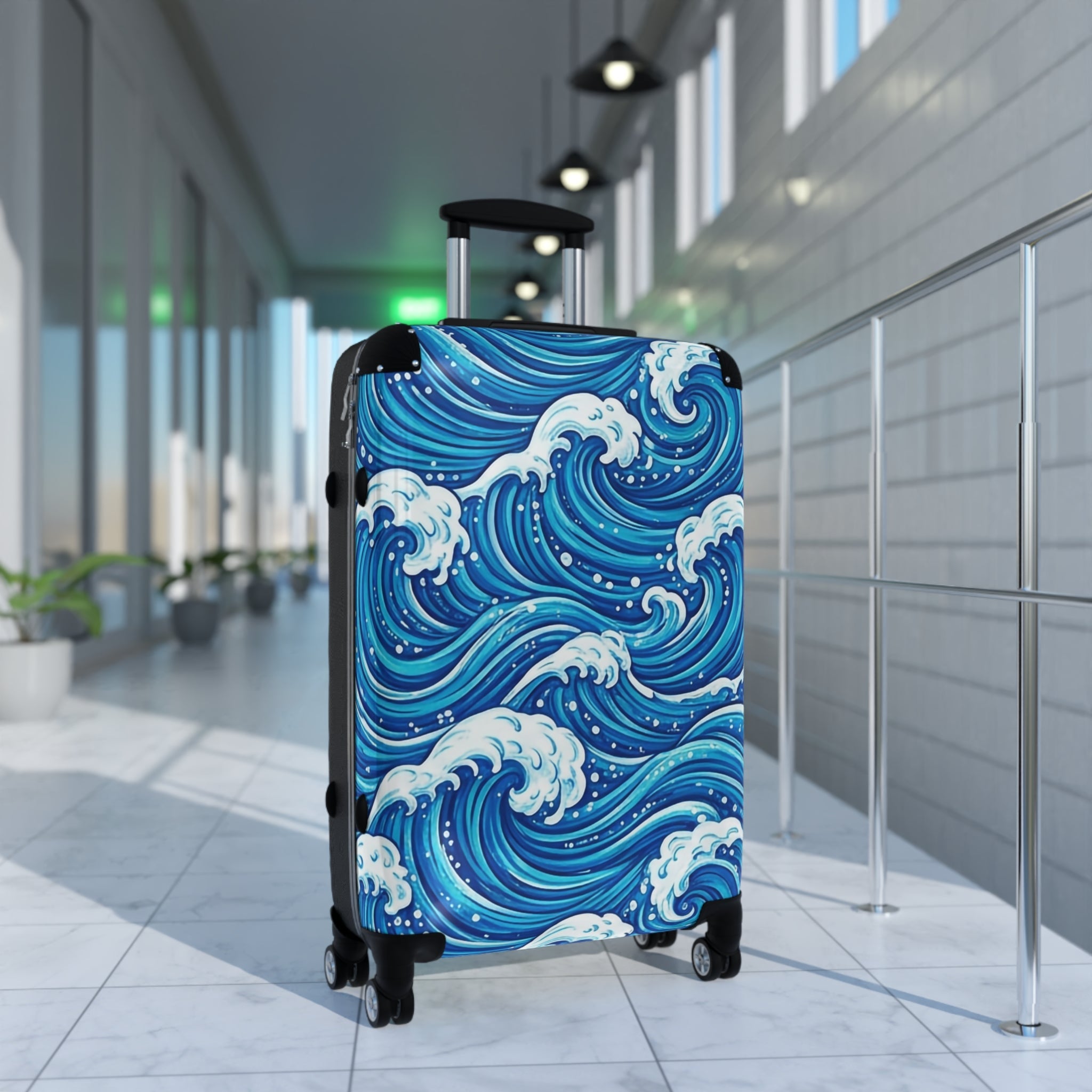Ocean Wave Carry - On Suitcase — Blue Nautical Surf Pattern Travel Luggage - Raven Quest Apparel