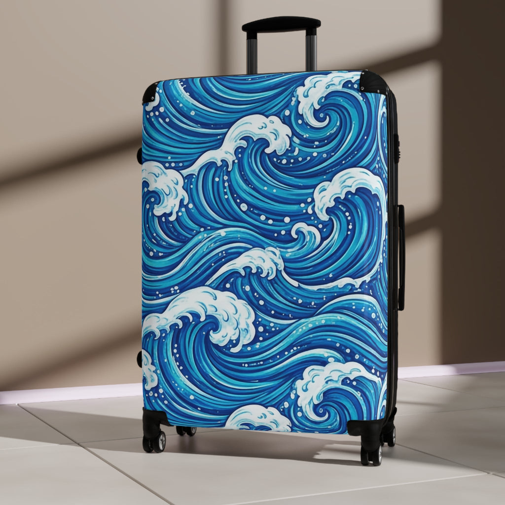 Ocean Wave Carry - On Suitcase — Blue Nautical Surf Pattern Travel Luggage - Raven Quest Apparel