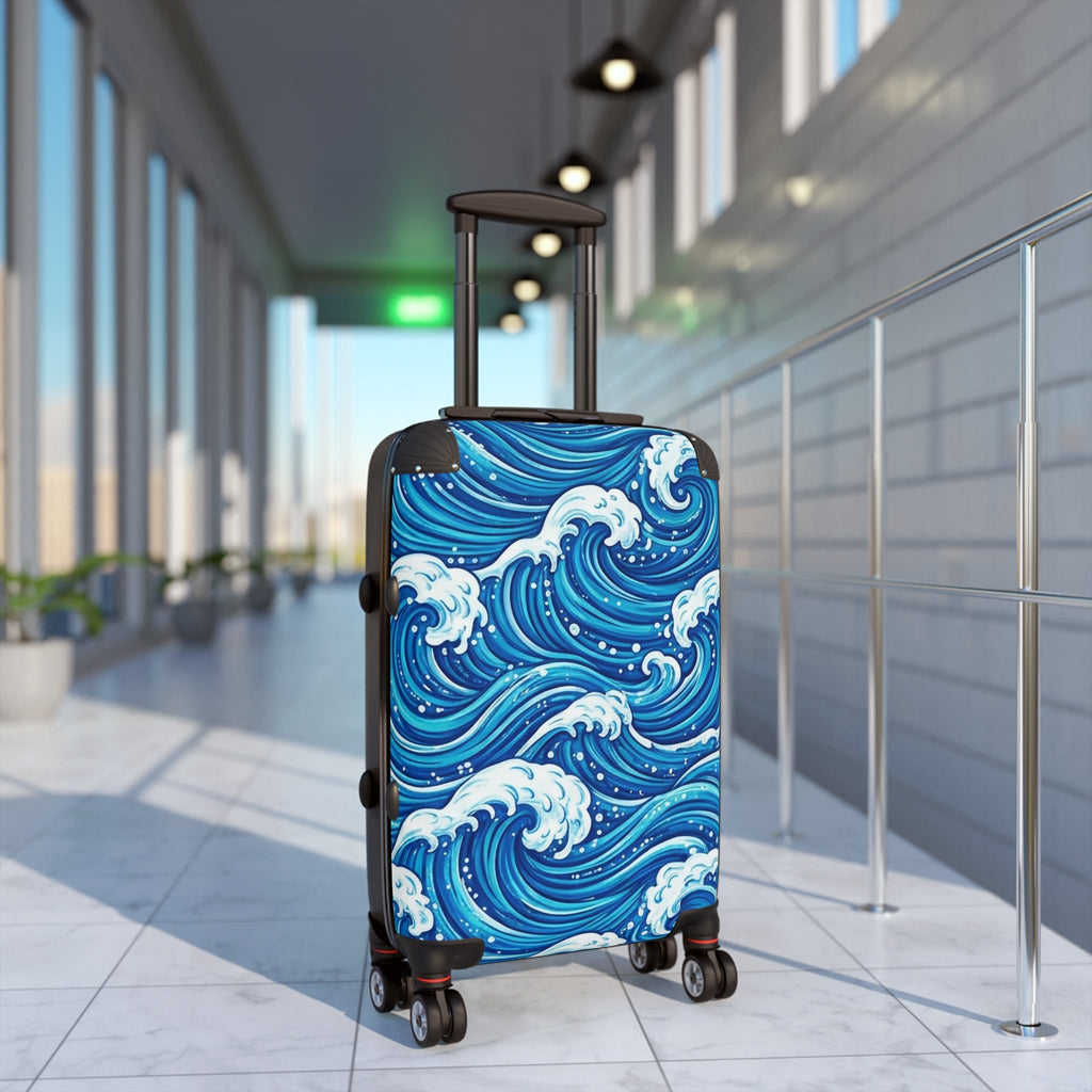 Ocean Wave Carry - On Suitcase — Blue Nautical Surf Pattern Travel Luggage - Raven Quest Apparel