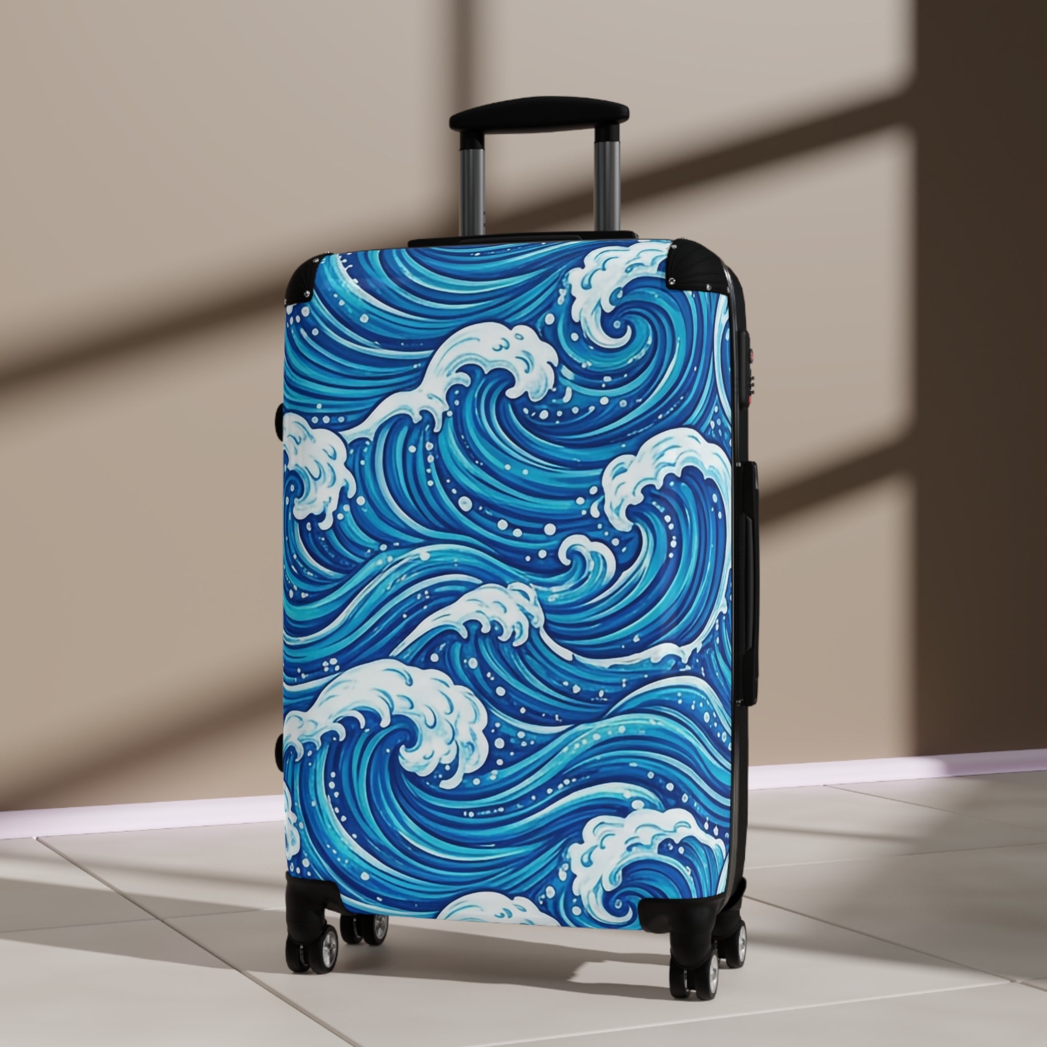 Ocean Wave Carry - On Suitcase — Blue Nautical Surf Pattern Travel Luggage - Raven Quest Apparel