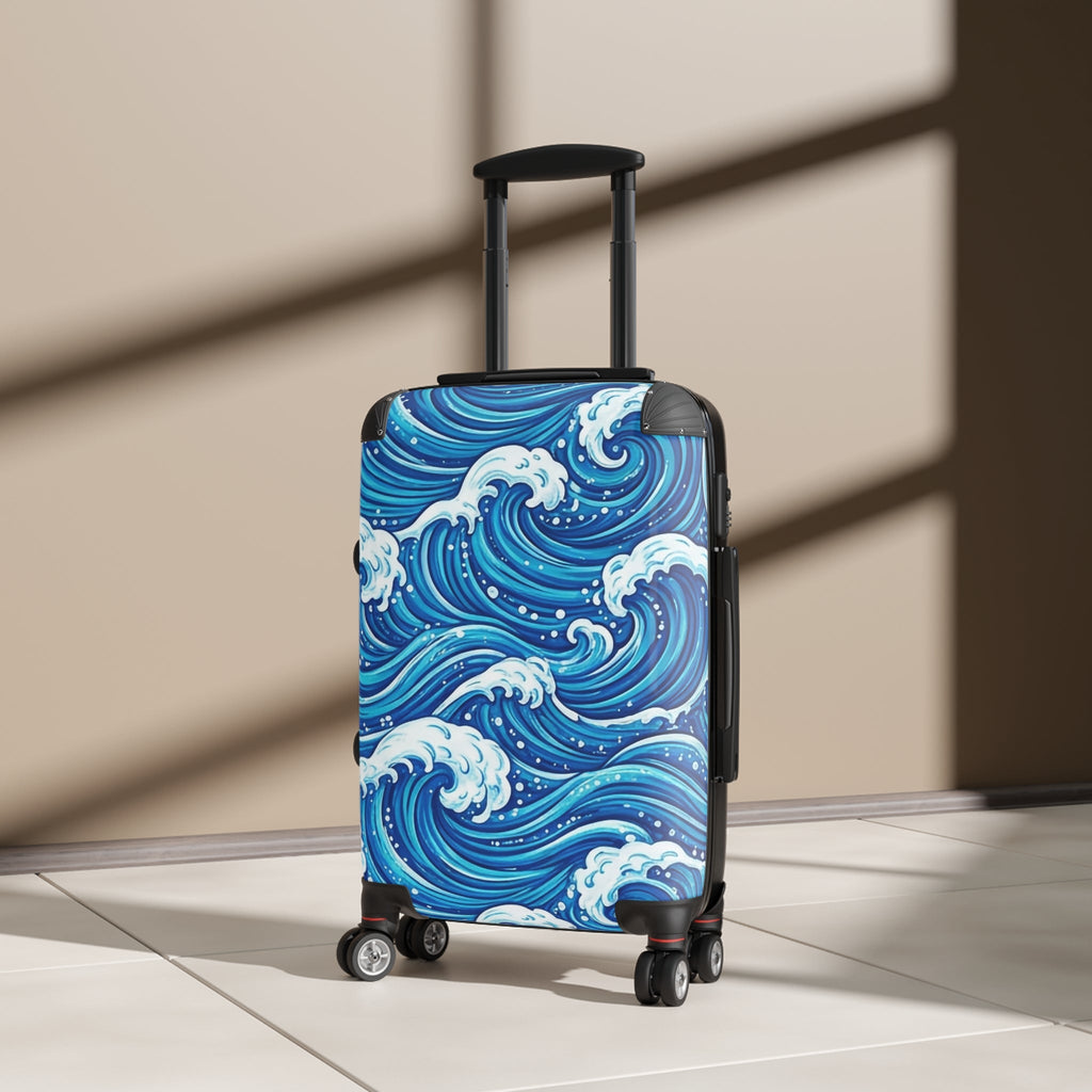Ocean Wave Carry - On Suitcase — Blue Nautical Surf Pattern Travel Luggage - Raven Quest Apparel