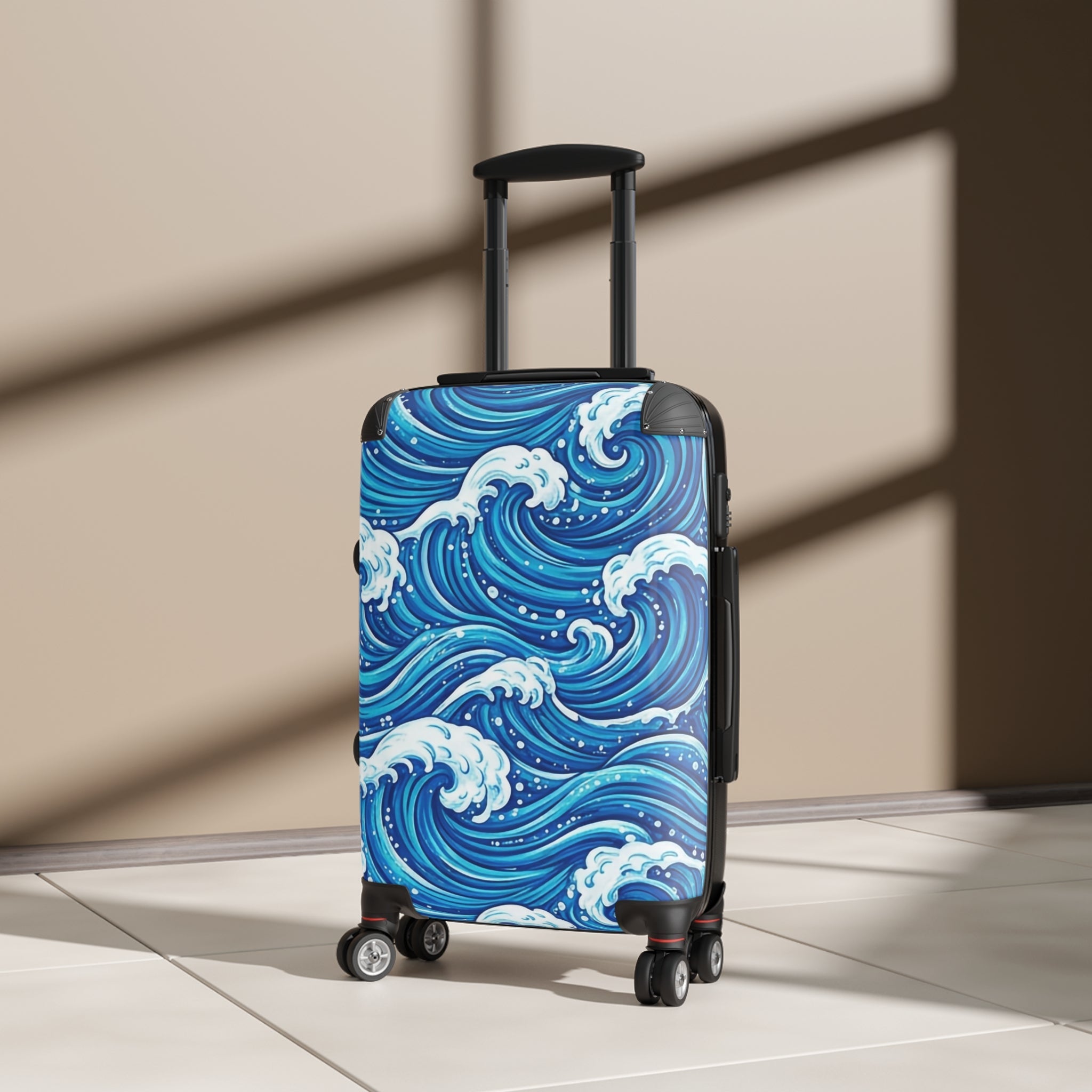 Ocean Wave Carry - On Suitcase — Blue Nautical Surf Pattern Travel Luggage - Raven Quest Apparel