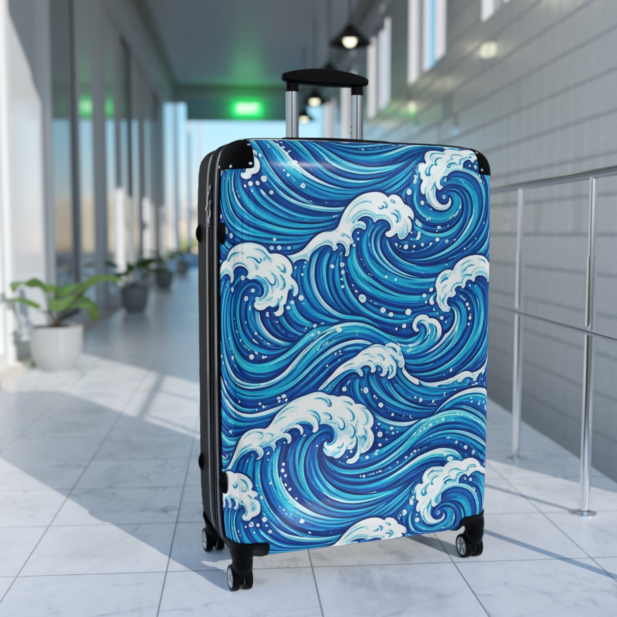 Ocean Wave Carry - On Suitcase — Blue Nautical Surf Pattern Travel Luggage - Raven Quest Apparel