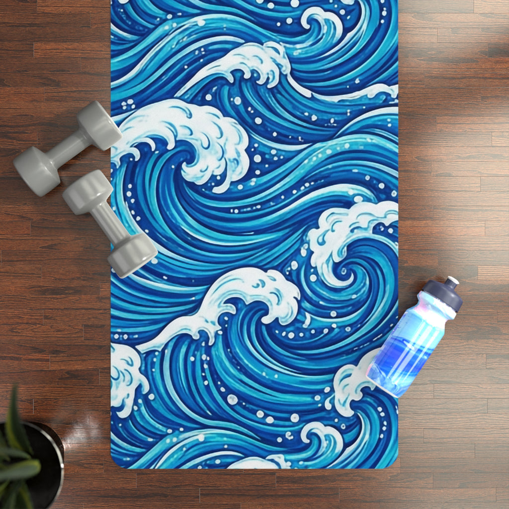 Ocean Wave Rubber Yoga Mat — Blue Surf Pattern Non - Slip Exercise Mat - Raven Quest Apparel