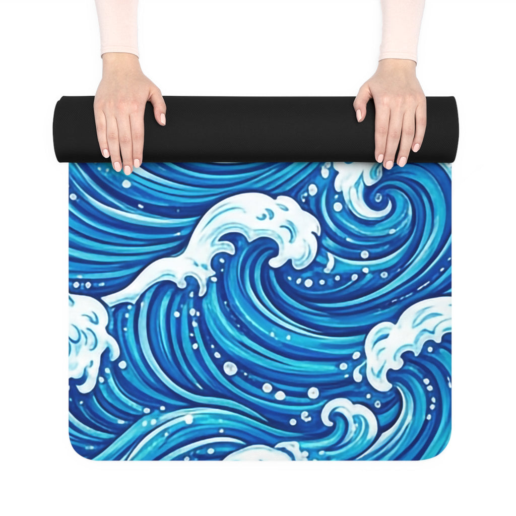 Ocean Wave Rubber Yoga Mat — Blue Surf Pattern Non - Slip Exercise Mat - Raven Quest Apparel